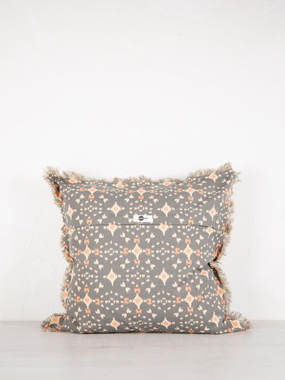 Grey, Ecru,&amp; Coral Printed Cushion with Fringe