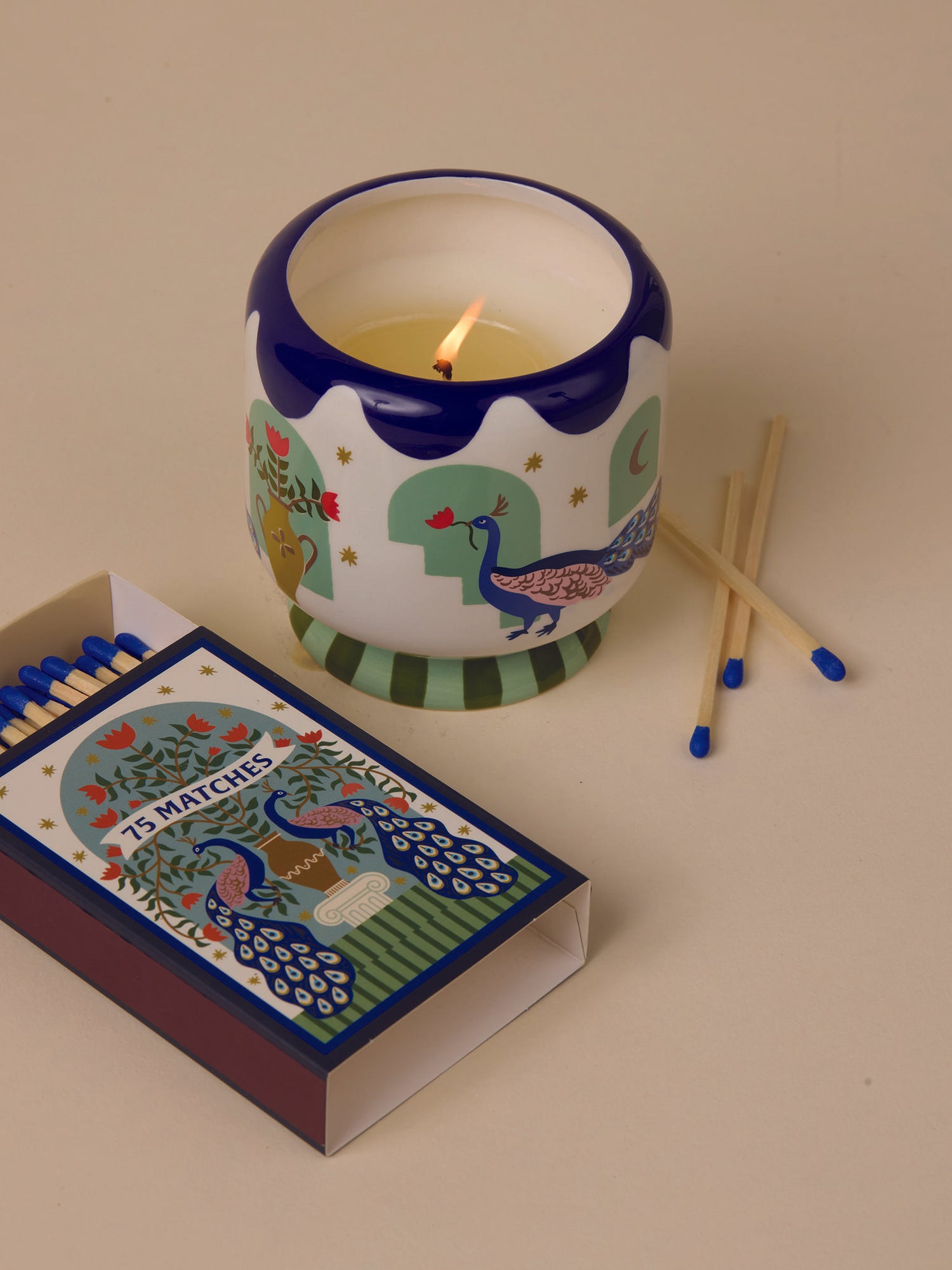 Adopo Hand-painted 8 oz Peacock Ceramic Boxed Candle - Misted Lime