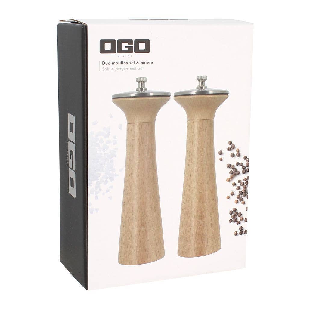 Duo pepper mill and salt mill set in wood and stainless steel