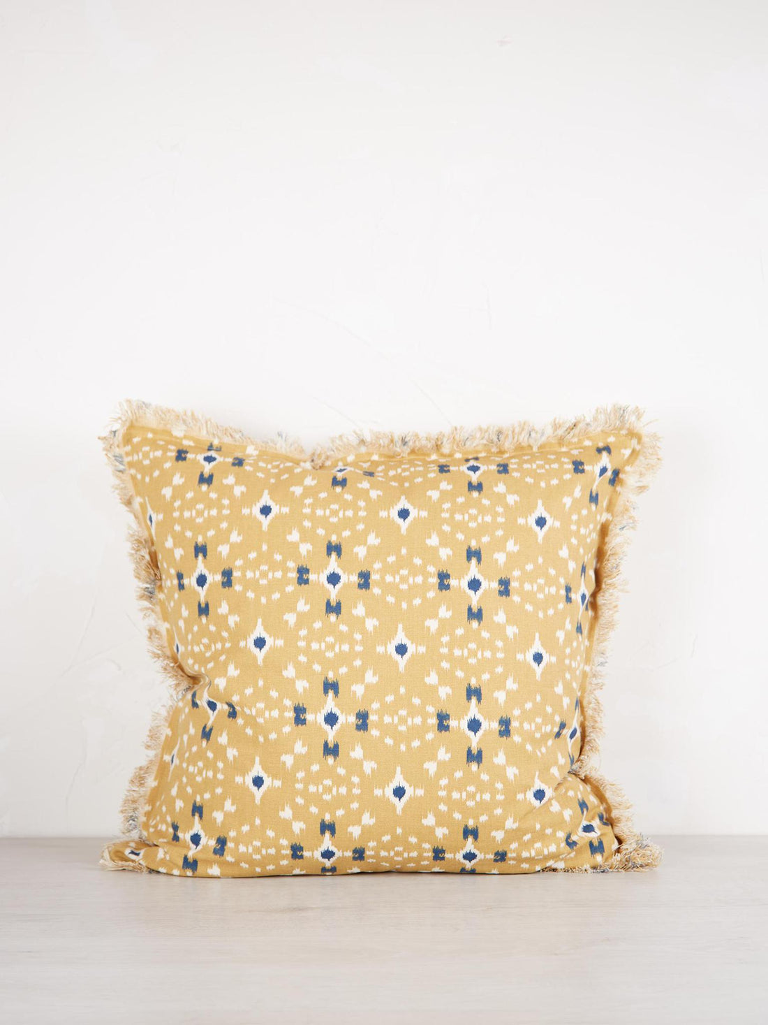 Mustard, off white &amp; Dark Blue Printed Cushion with Fringe