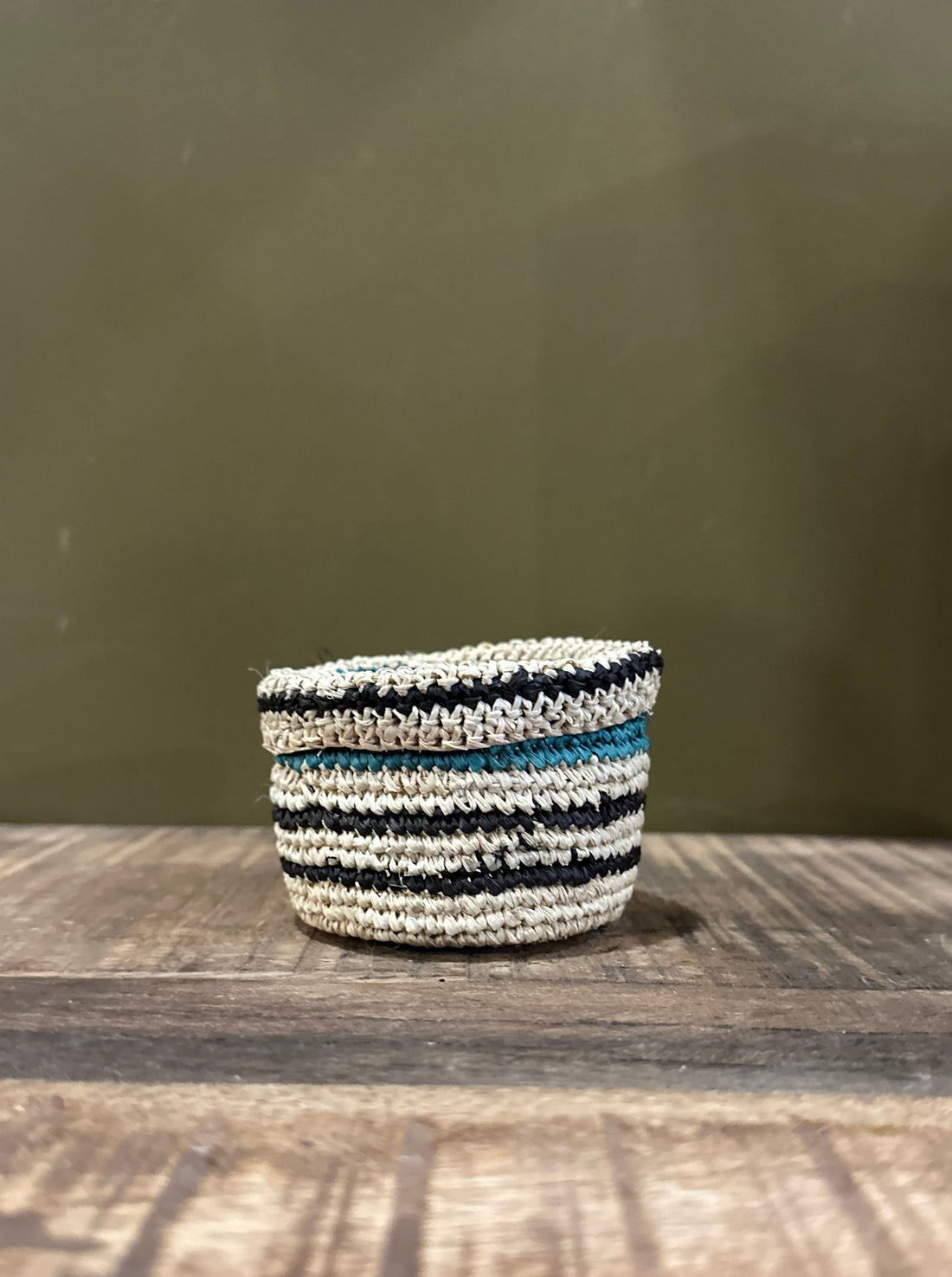 Mini Handmade Raffia Basket - Teal &amp; Black Stripe