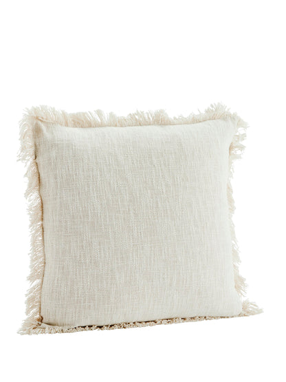 Off White Cotton Cushion With Fringe