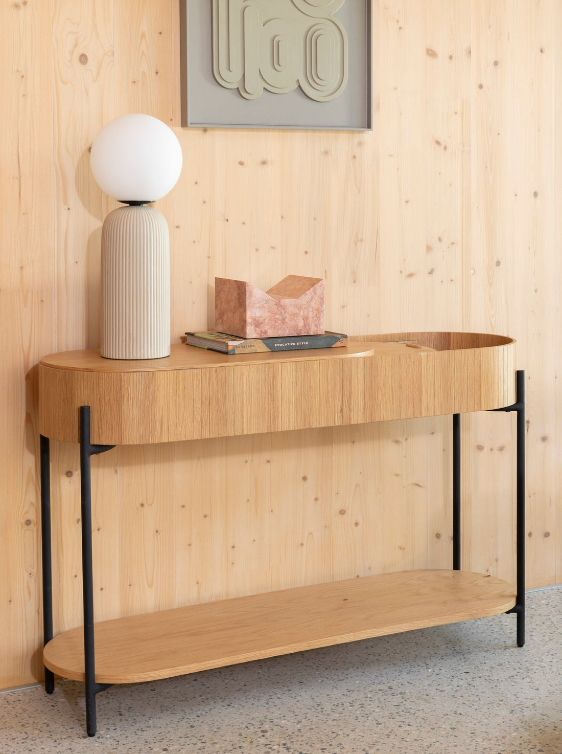 Slides Oak &amp; Metal Oval Console Table