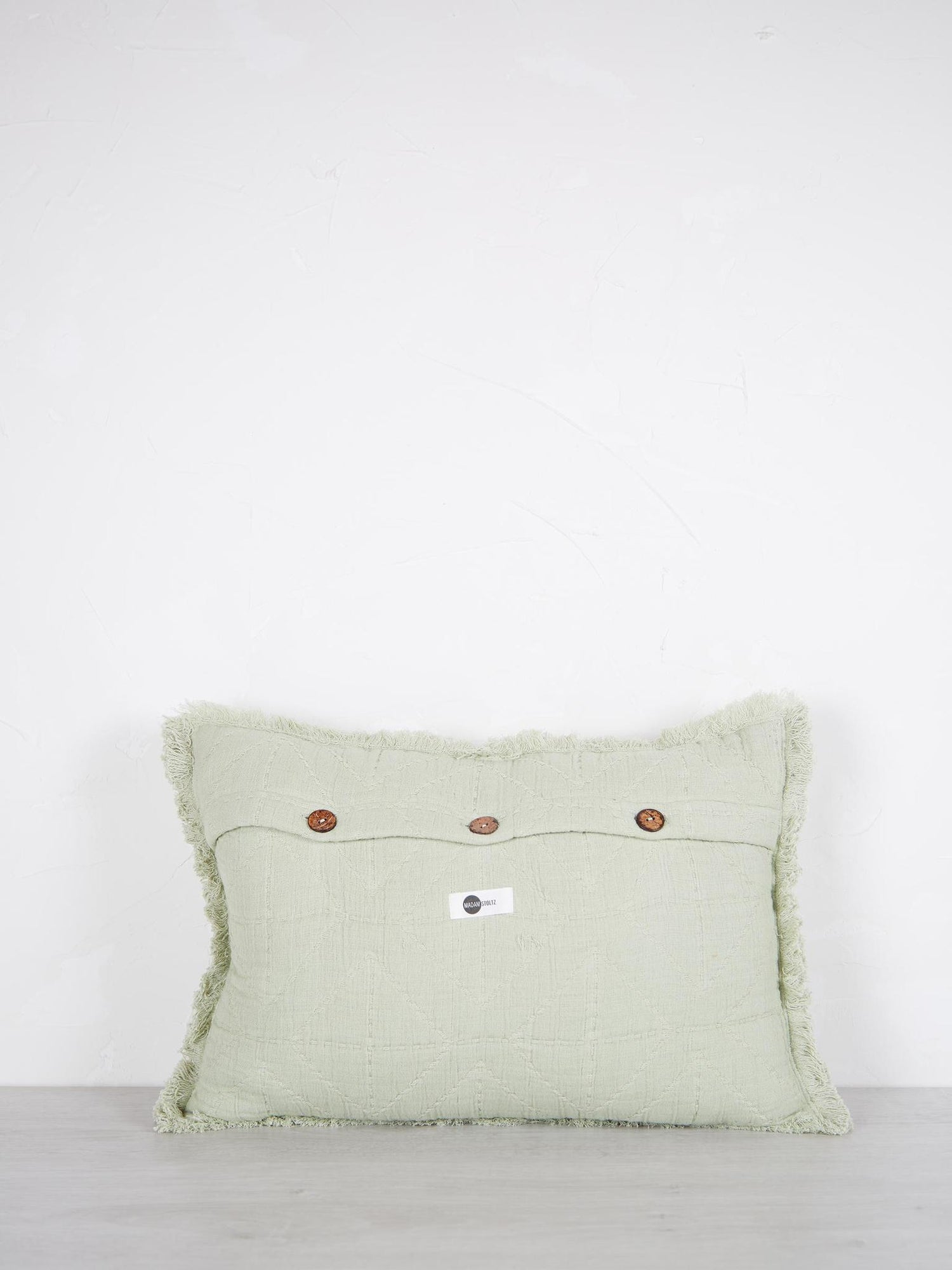 Embroidered Geometric Cushion With Fringe - Sage