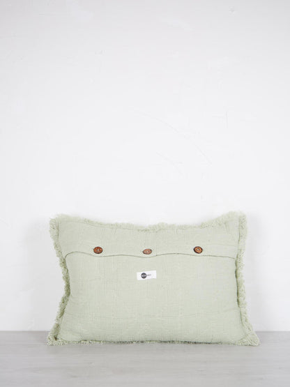 Embroidered Geometric Cushion With Fringe - Sage