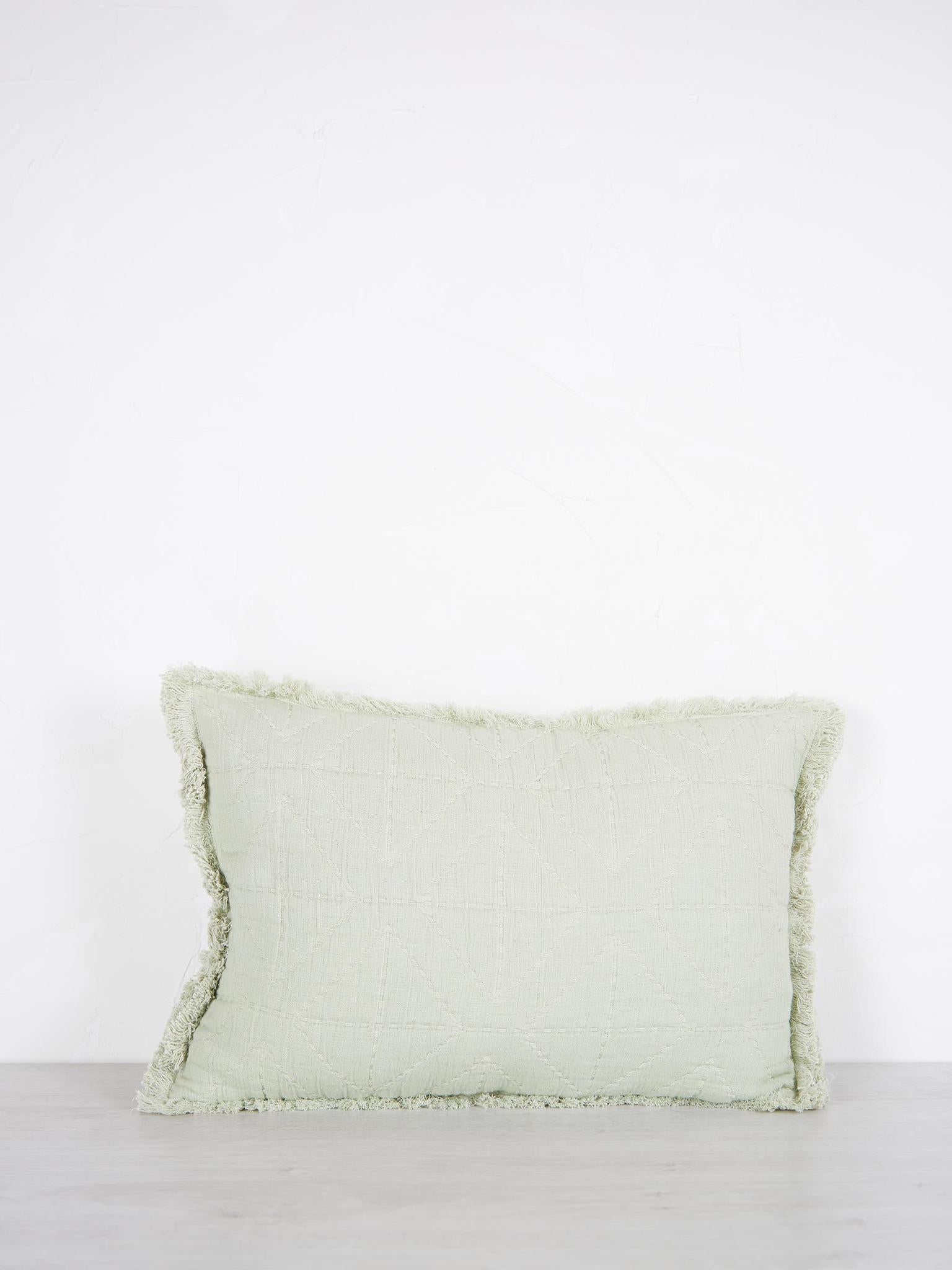 Embroidered Geometric Cushion With Fringe - Sage