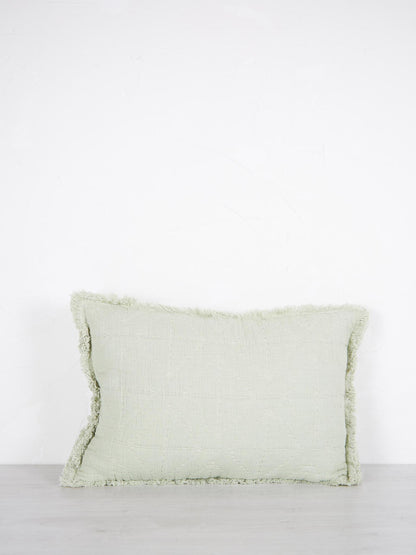 Embroidered Geometric Cushion With Fringe - Sage