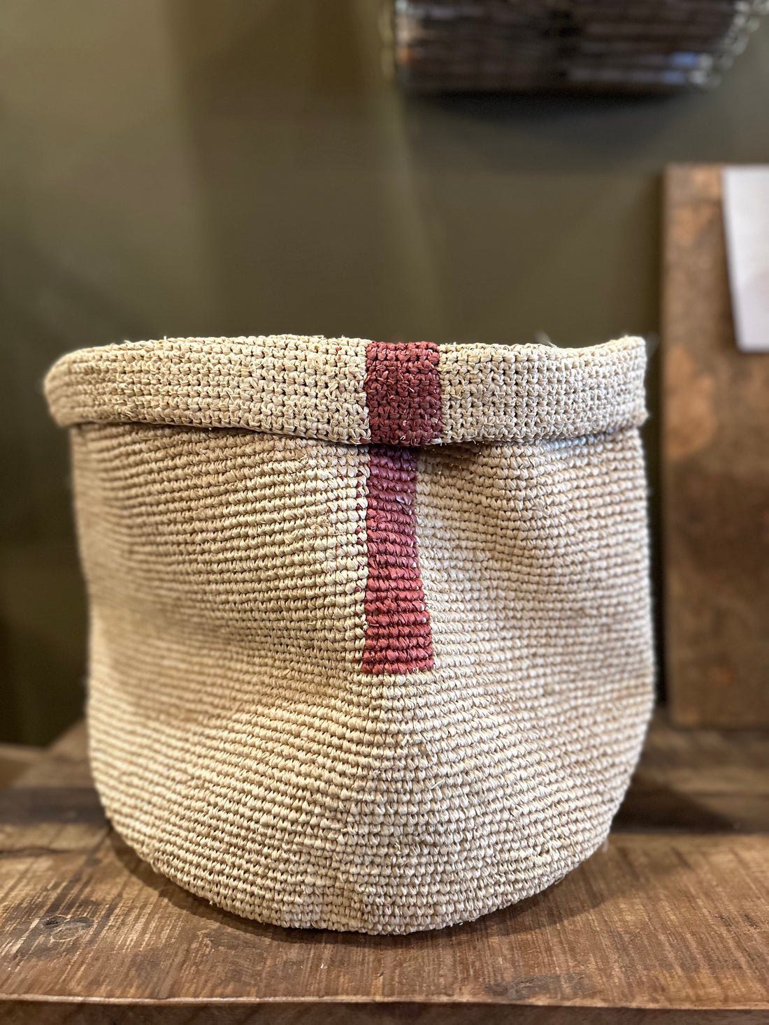 XL Handmade Raffia Woven Basket - Terracotta Line