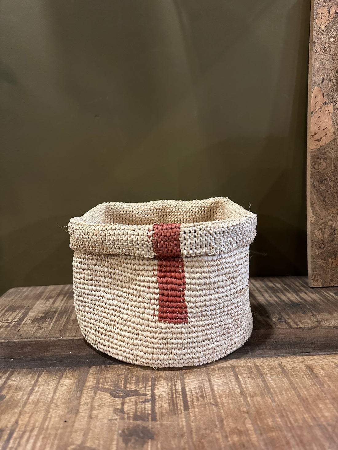 Large Handmade Raffia Woven Basket - Terracotta Line