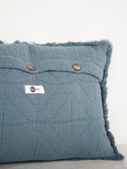 Embroidered Geometric Cushion With Fringe - Dusty Blue