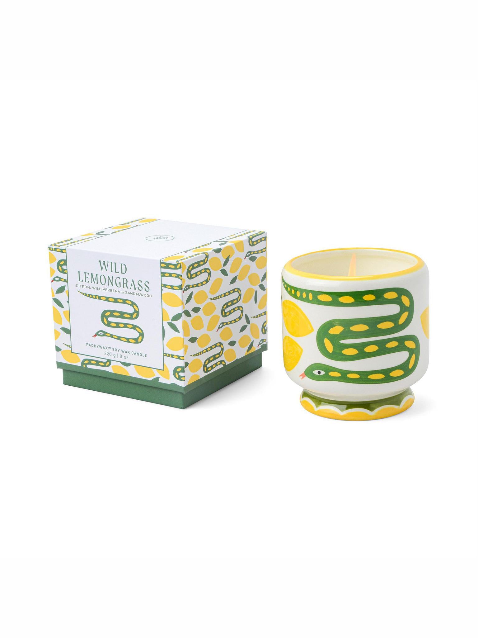 Adopo Hand-painted 8 oz Snake Ceramic Boxed Candle - Wild Lemongrass