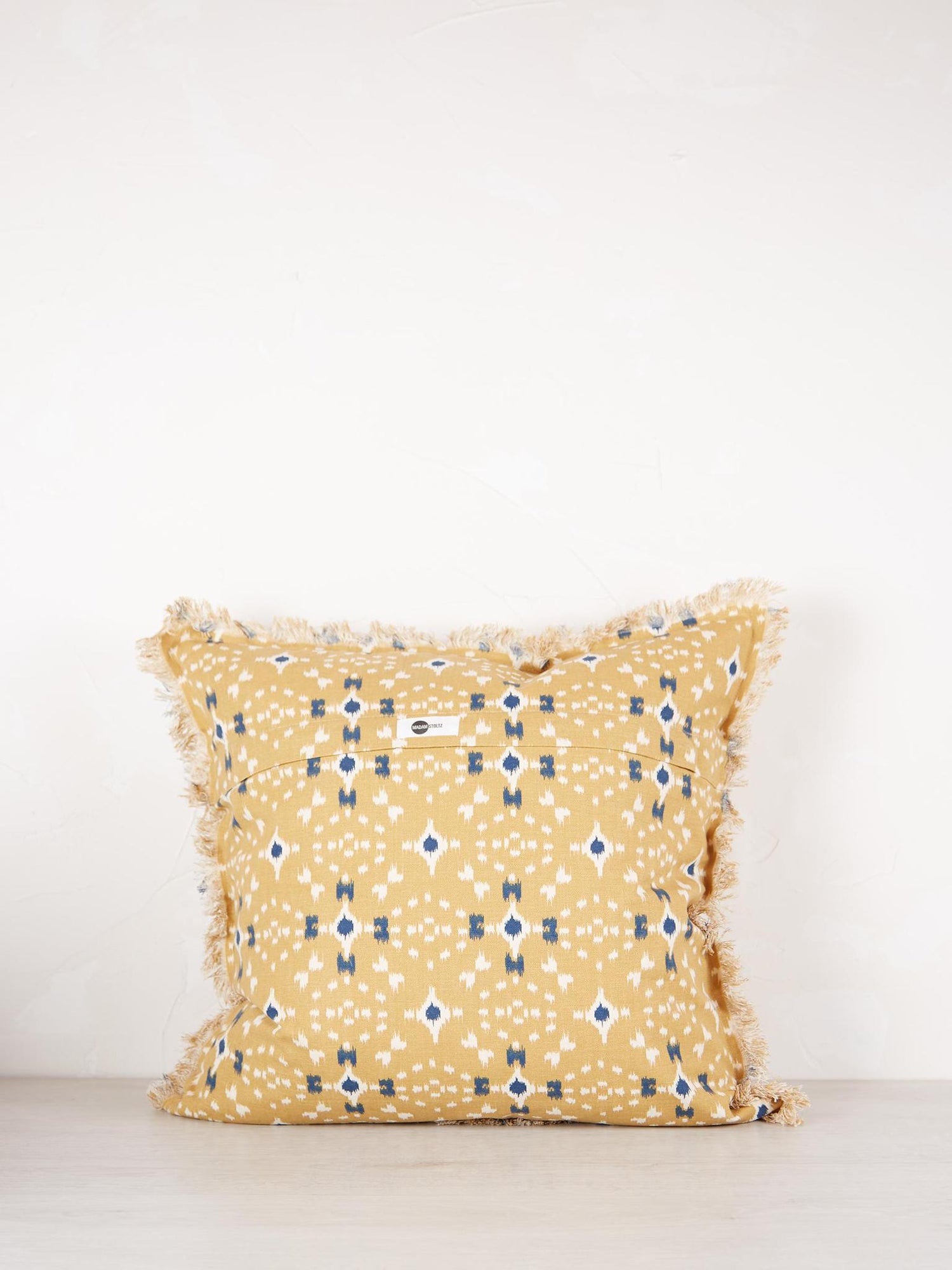 Mustard, off white &amp; Dark Blue Printed Cushion with Fringe