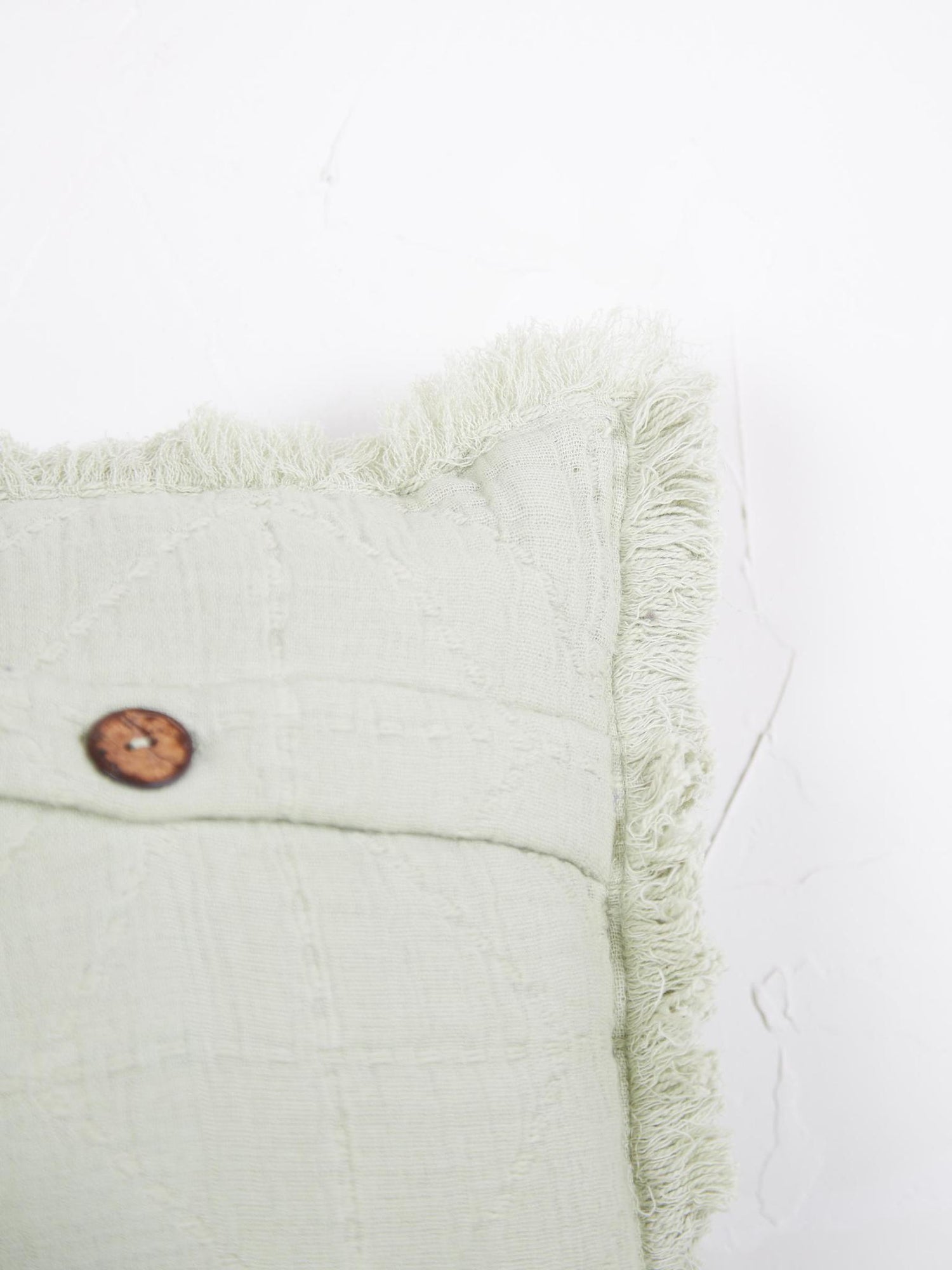 Embroidered Geometric Cushion With Fringe - Sage