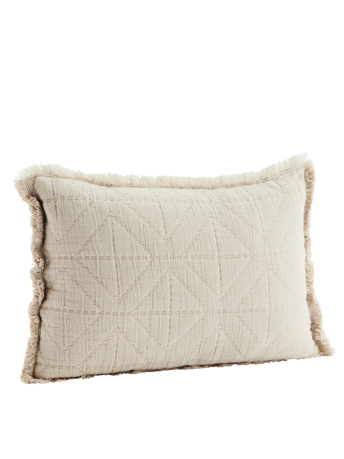 Embroidered Geometric Cushion With Fringe - Light Taupe