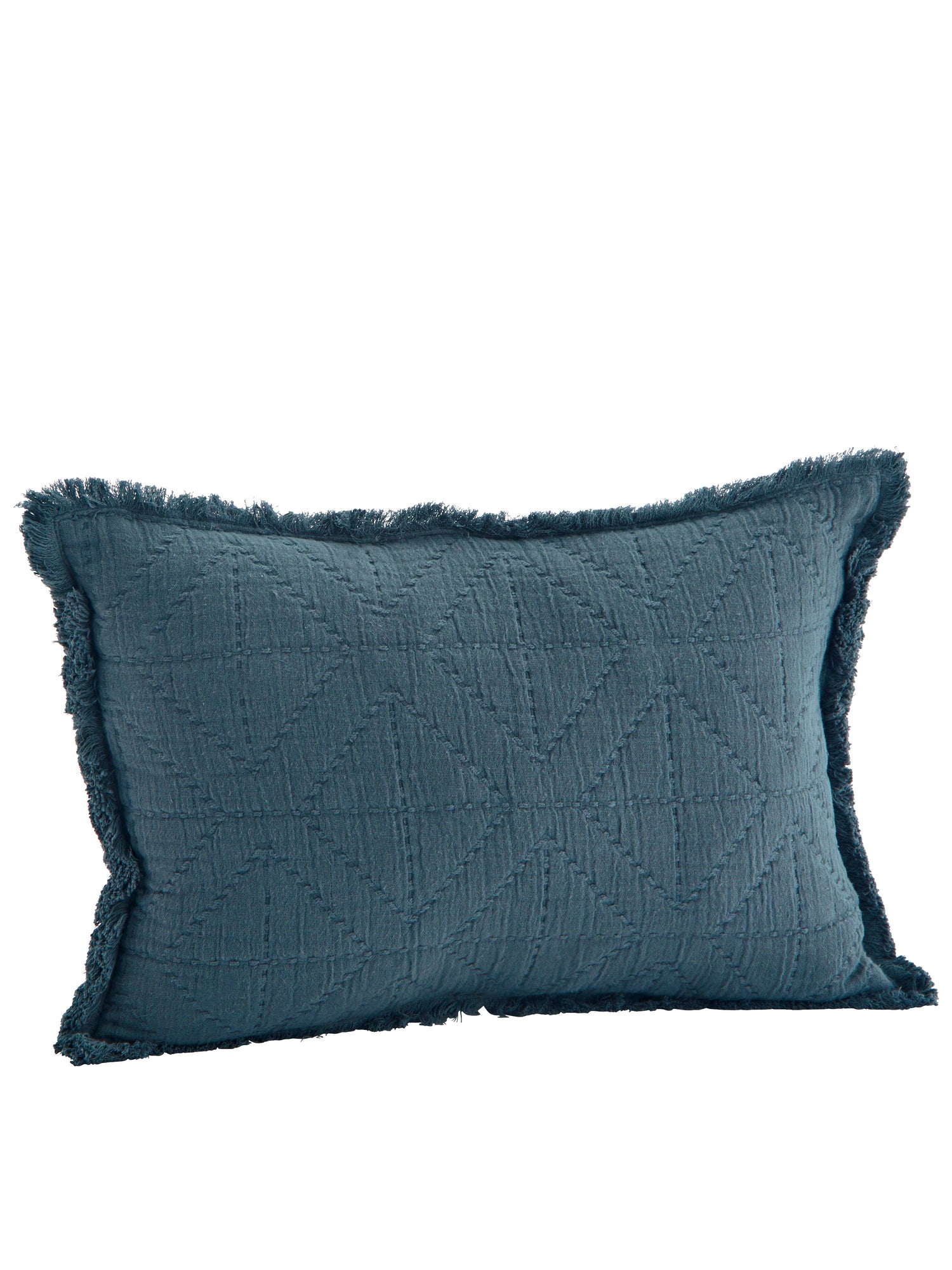 Embroidered Geometric Cushion With Fringe - Dusty Blue