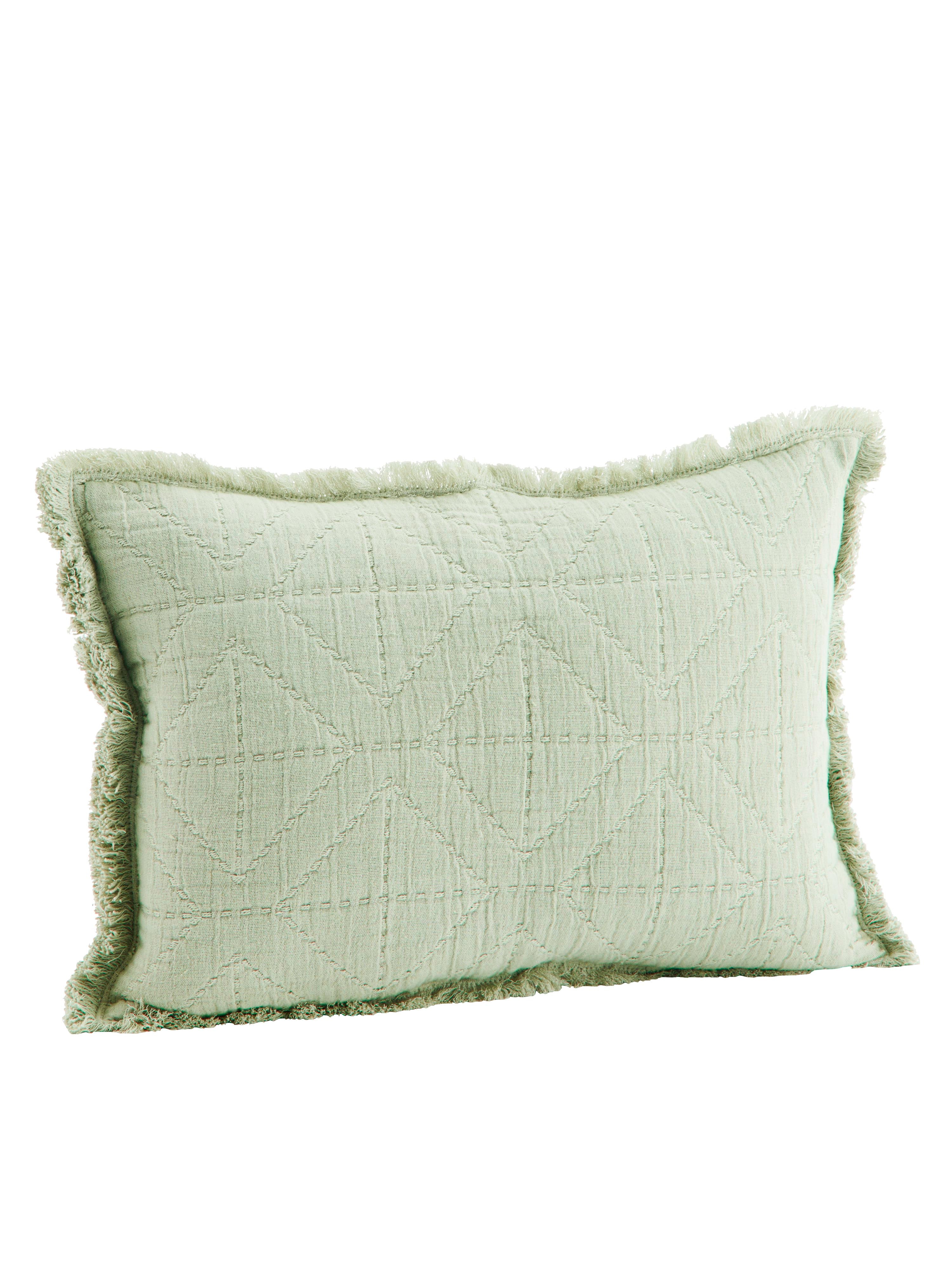 Embroidered Geometric Cushion With Fringe - Sage