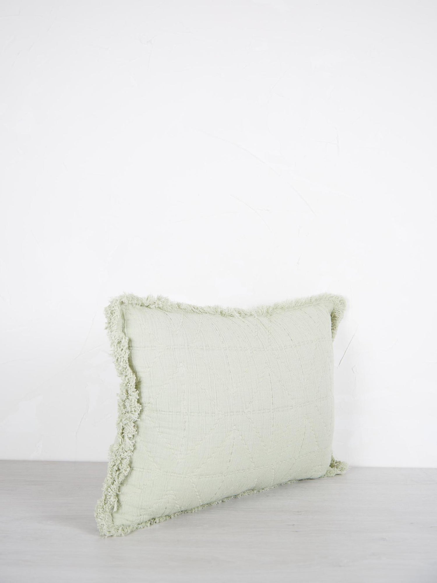 Embroidered Geometric Cushion With Fringe - Sage