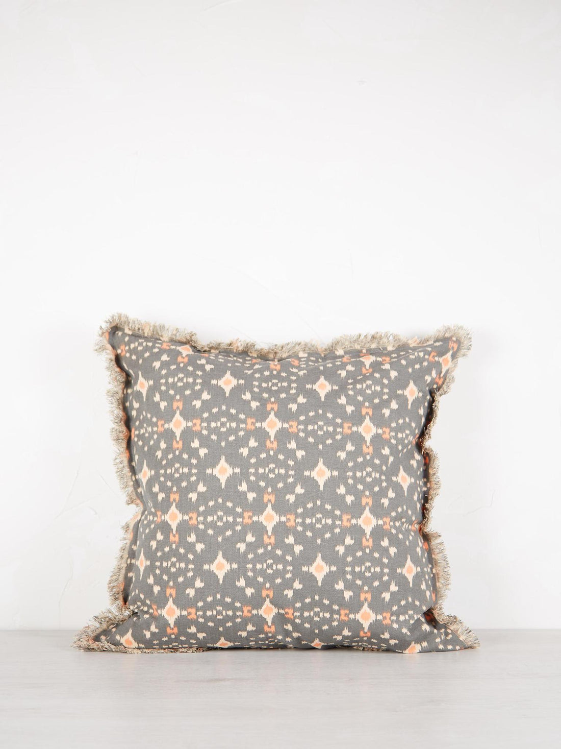 Grey, Ecru,&amp; Coral Printed Cushion with Fringe