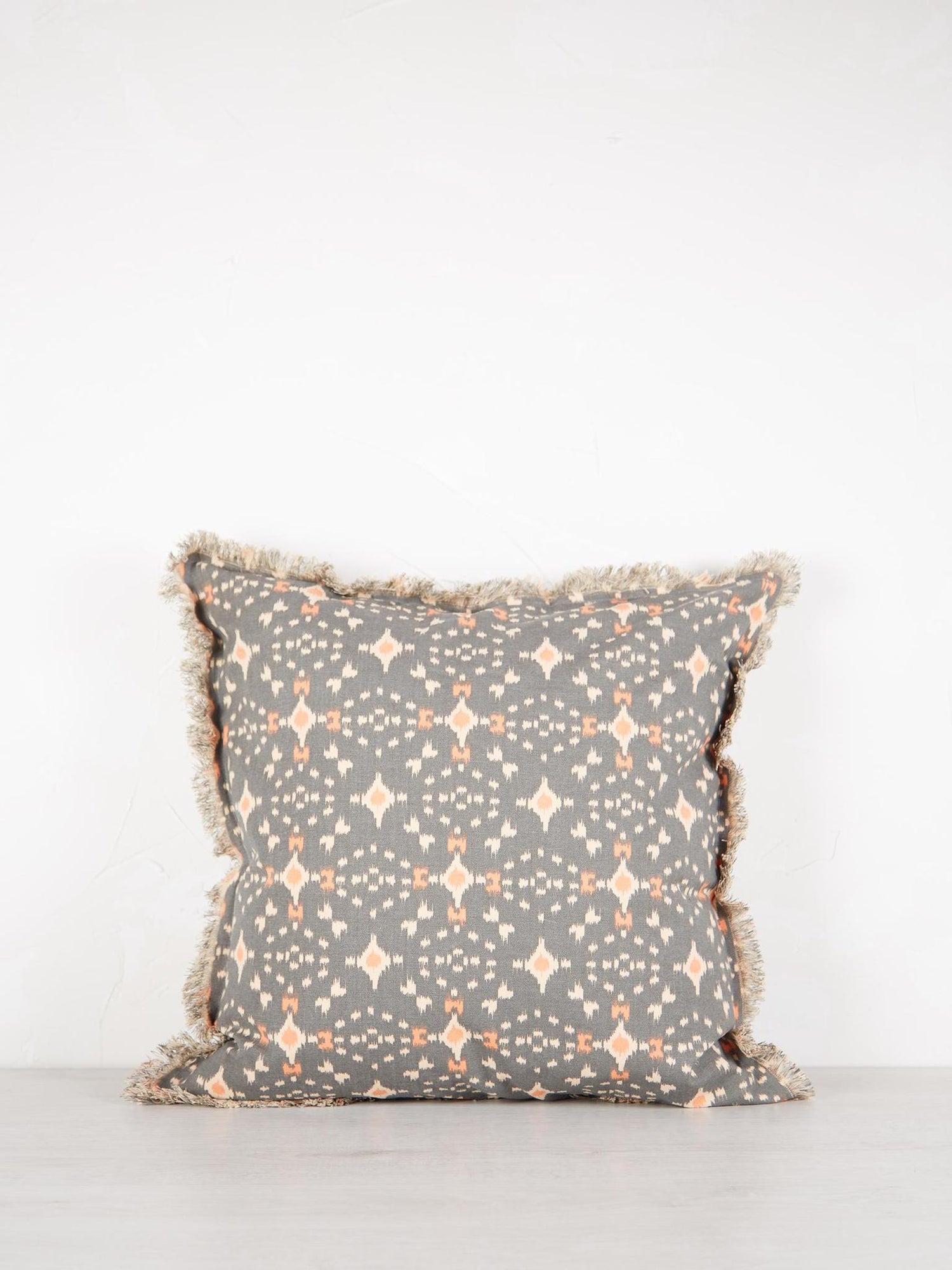 Grey, Ecru,&amp; Coral Printed Cushion with Fringe