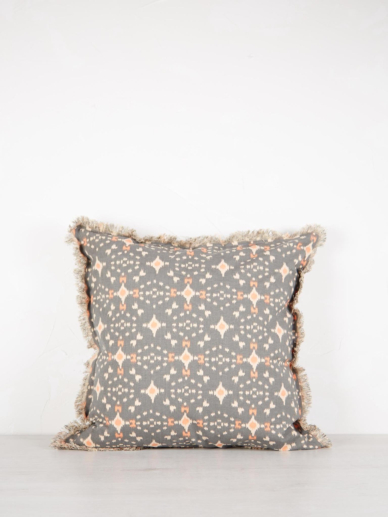 Grey, Ecru,&amp; Coral Printed Cushion with Fringe