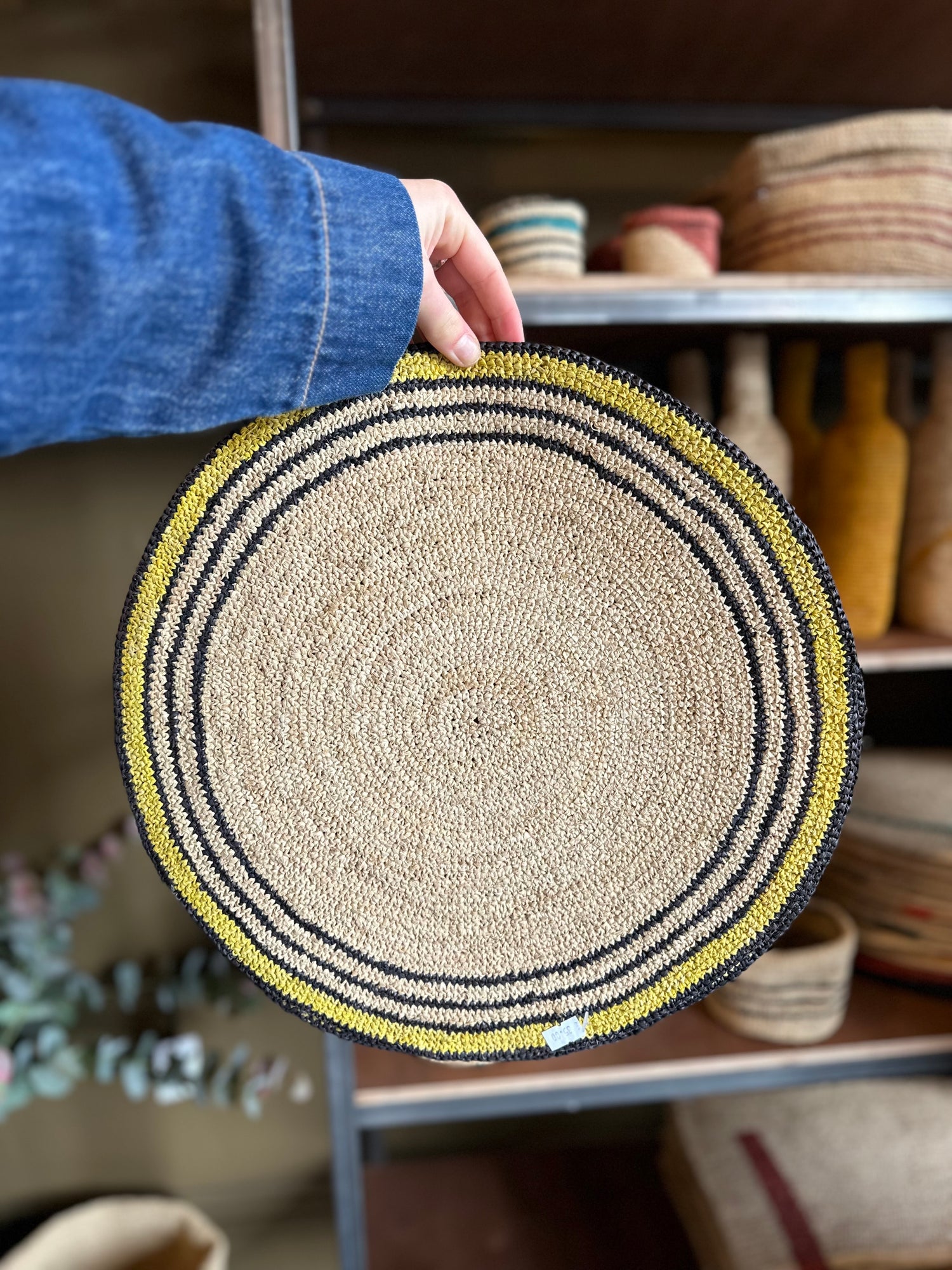 Round Handmade Placemat - Natural &amp; Yellow Circles - Set Of 2