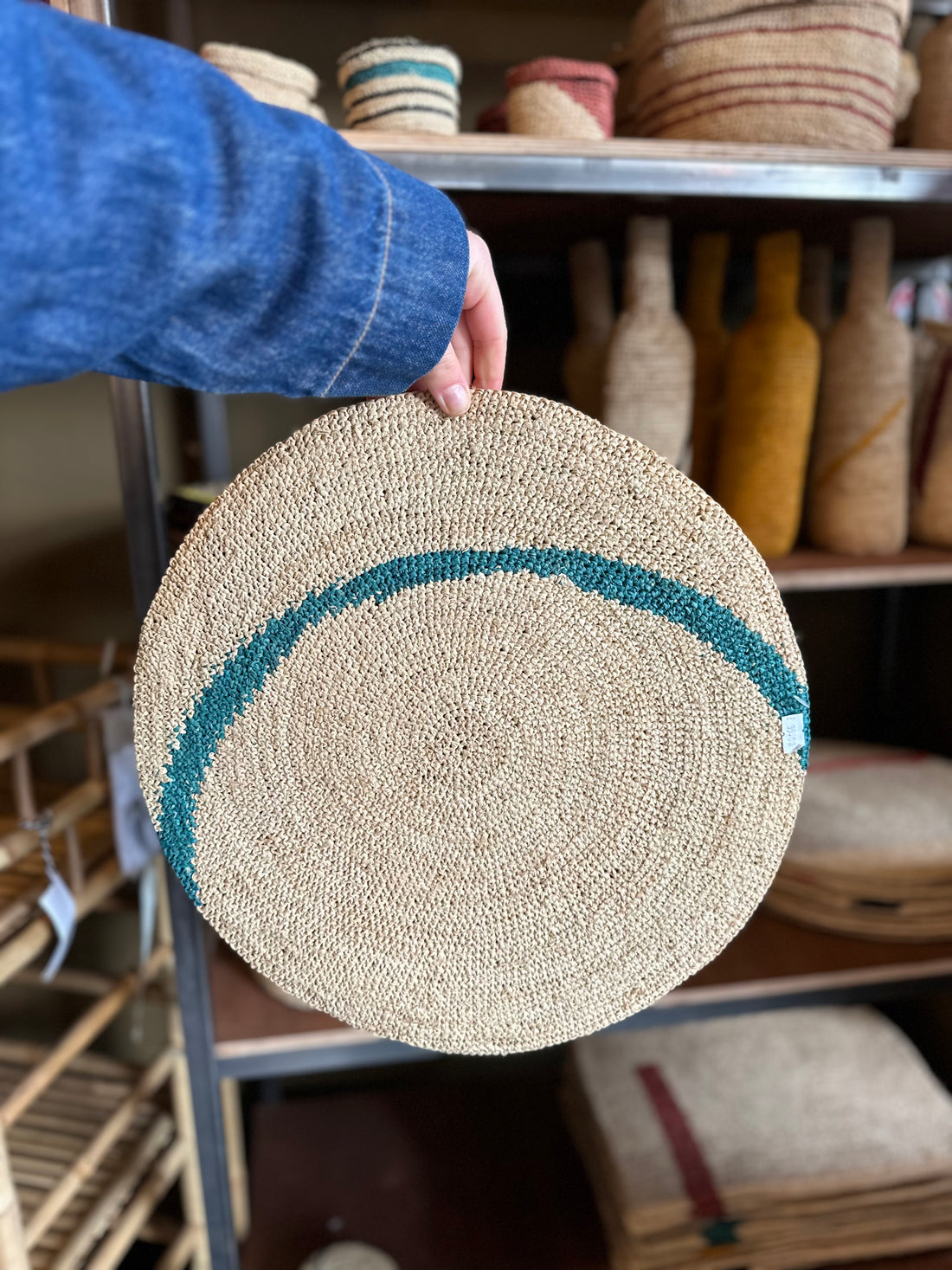 Round Handmade Placemat - Natural &amp; Teal Arch - Set Of 2