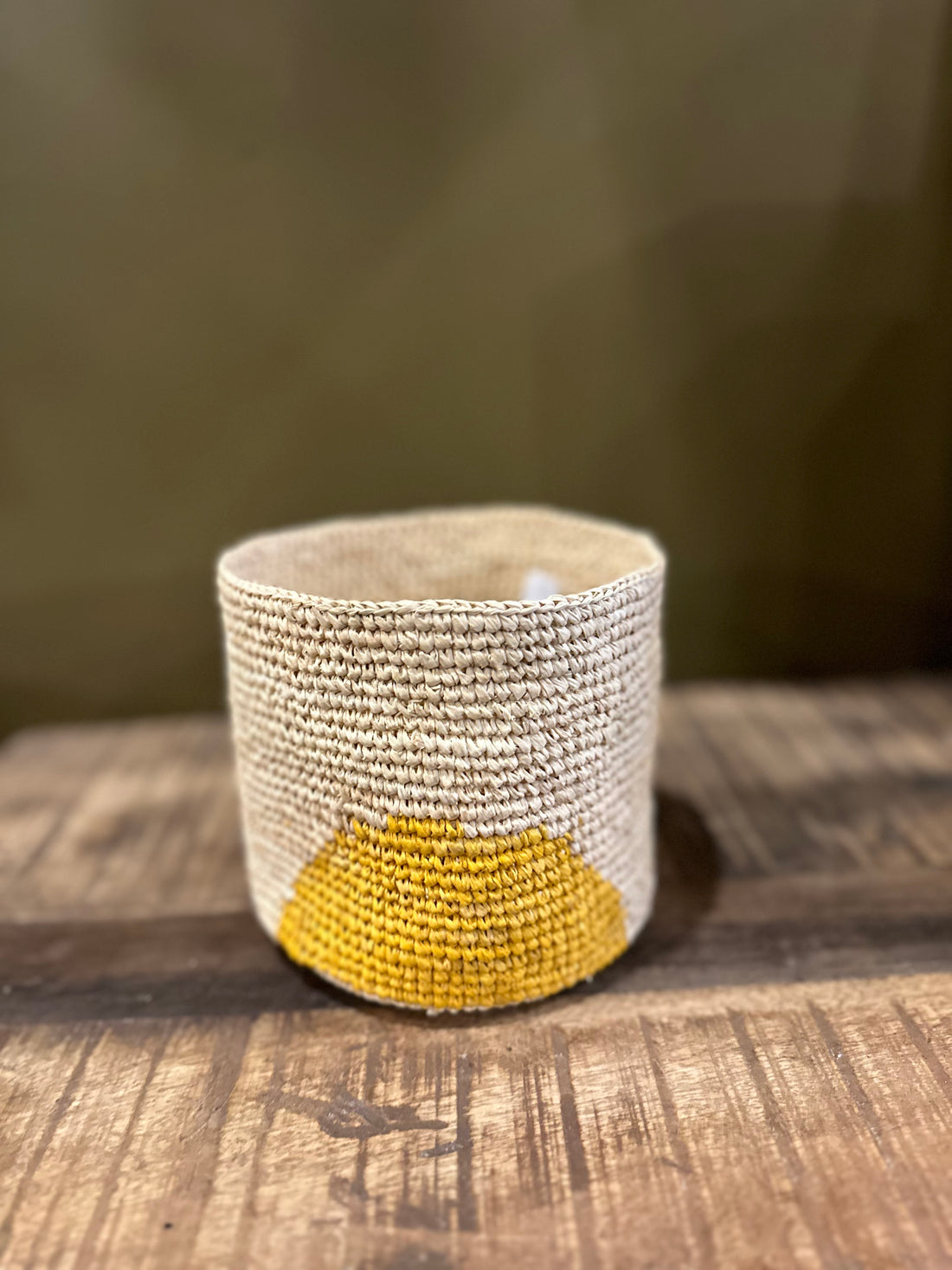 Medium Handmade Raffia Woven Basket - Mustard Oval