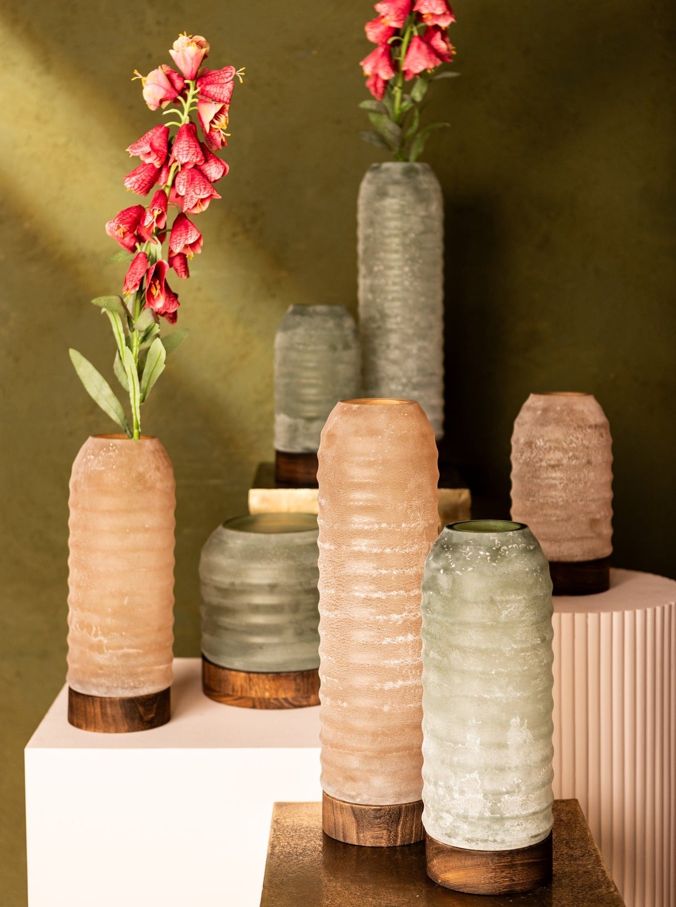 Yana Pink Matte Ribbed Glass &amp; Wood Vase - Large