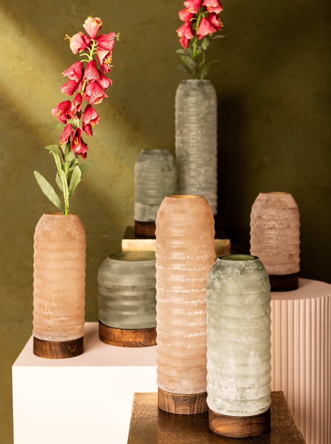 Yana Green Matte Ribbed Glass &amp; Wood Vase - Medium