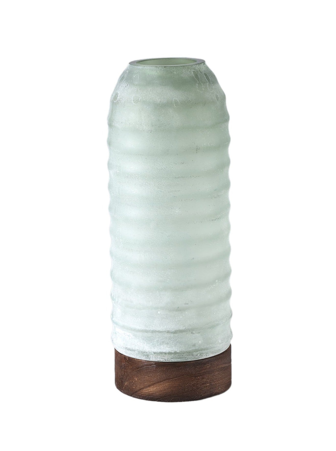 Yana Green Matte Ribbed Glass &amp; Wood Vase - Medium