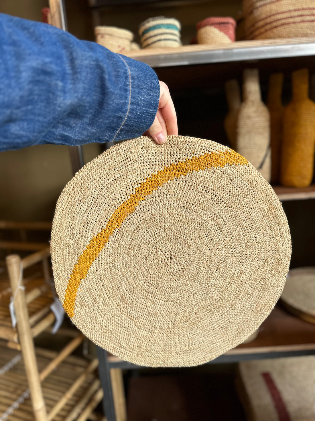 Round Handmade Placemat - Natural &amp; Mustard Arch - Set Of 2