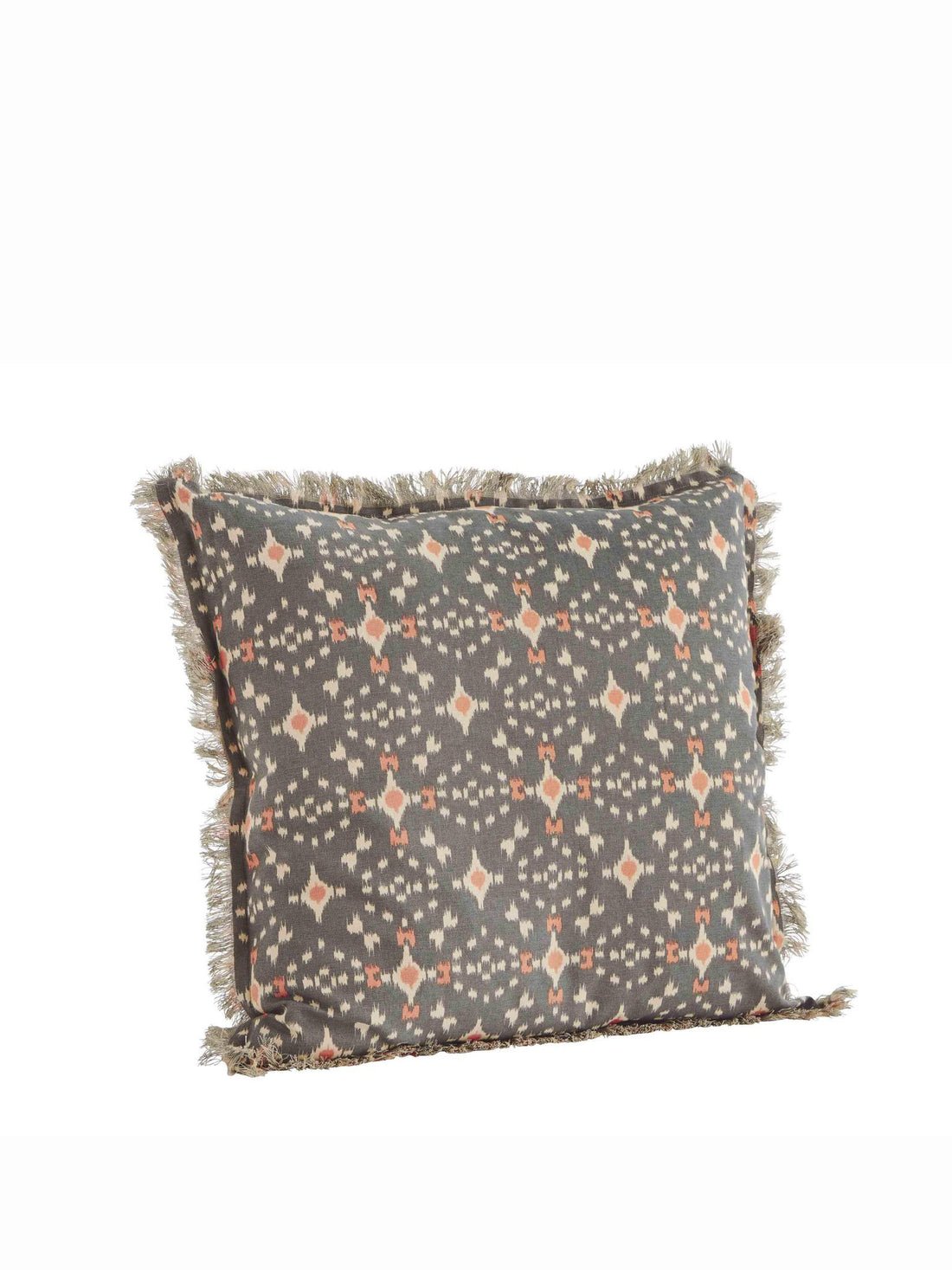 Grey, Ecru,&amp; Coral Printed Cushion with Fringe