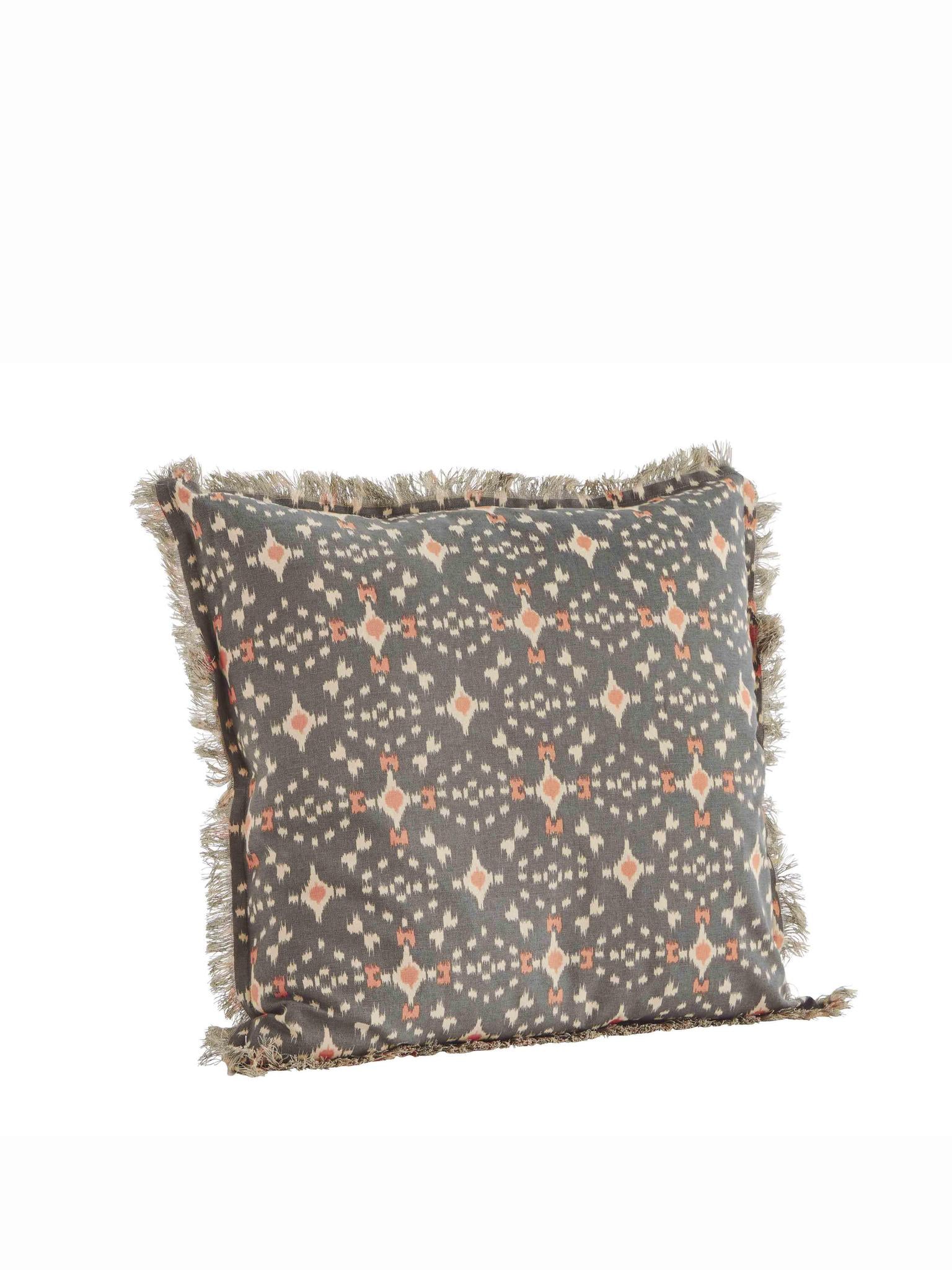 Grey, Ecru,&amp; Coral Printed Cushion with Fringe