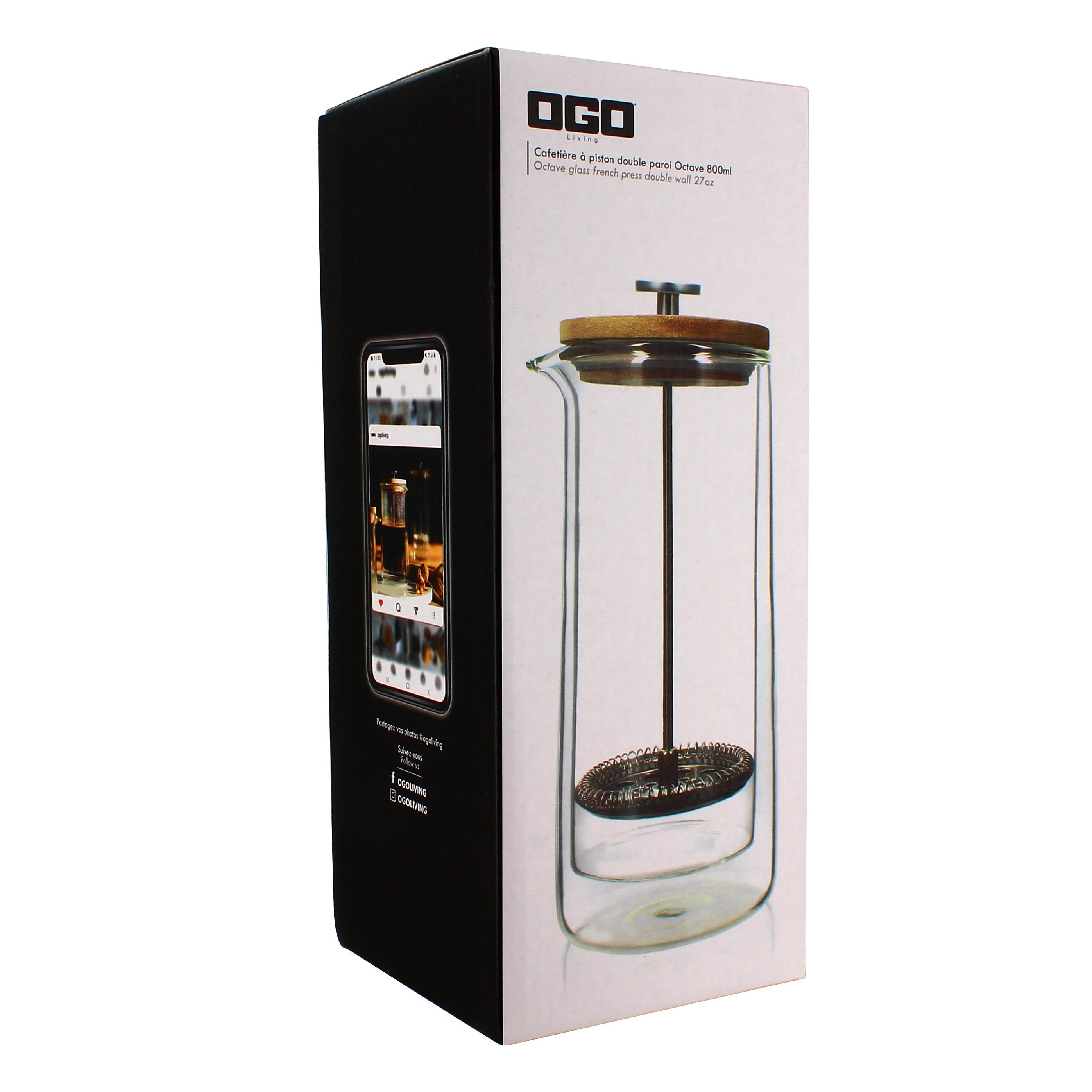 800 ml double-walled glass and wood French press