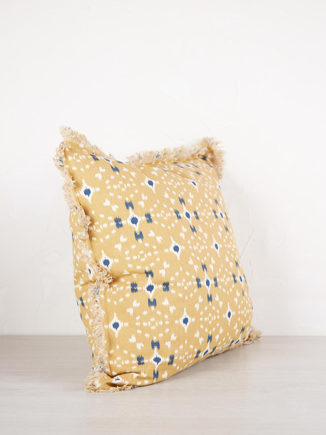 Mustard, off white &amp; Dark Blue Printed Cushion with Fringe