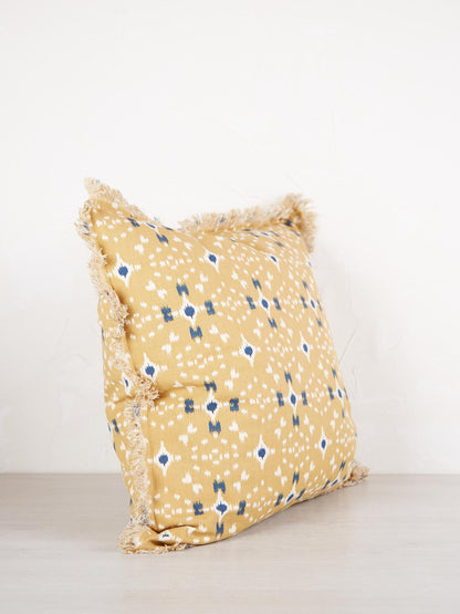 Mustard, off white &amp; Dark Blue Printed Cushion with Fringe