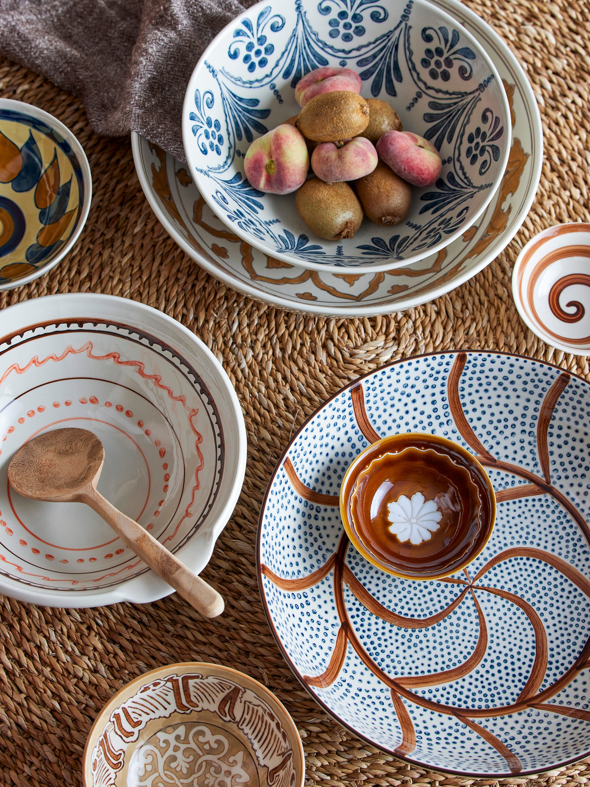 Heikki Hand Painted Large Stoneware Serving Bowl - Blue &amp; Brown