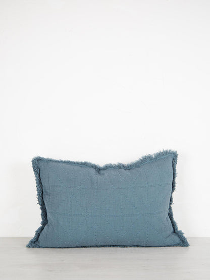 Embroidered Geometric Cushion With Fringe - Dusty Blue