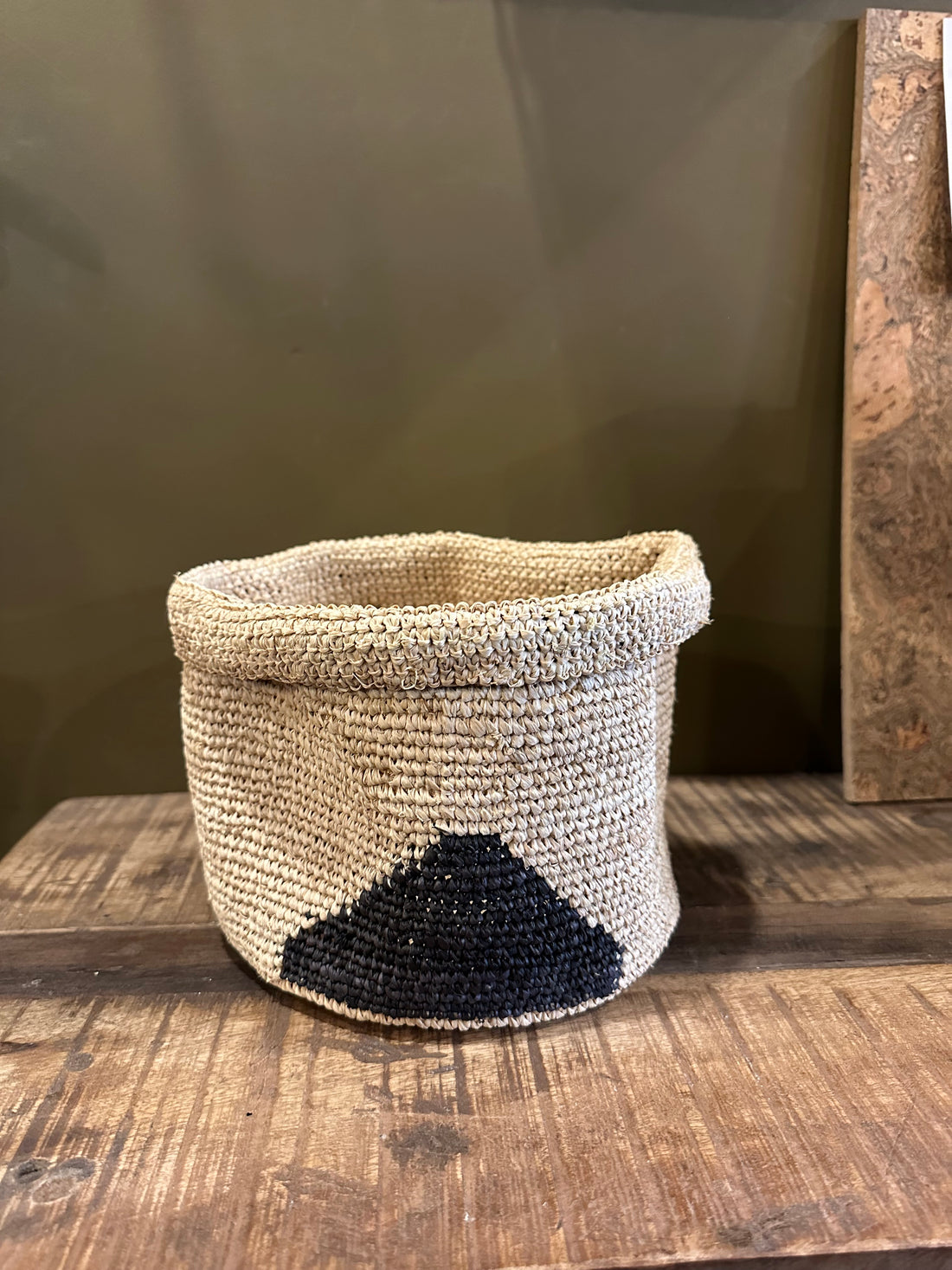 Large Handmade Raffia Woven Basket - Black Triangle