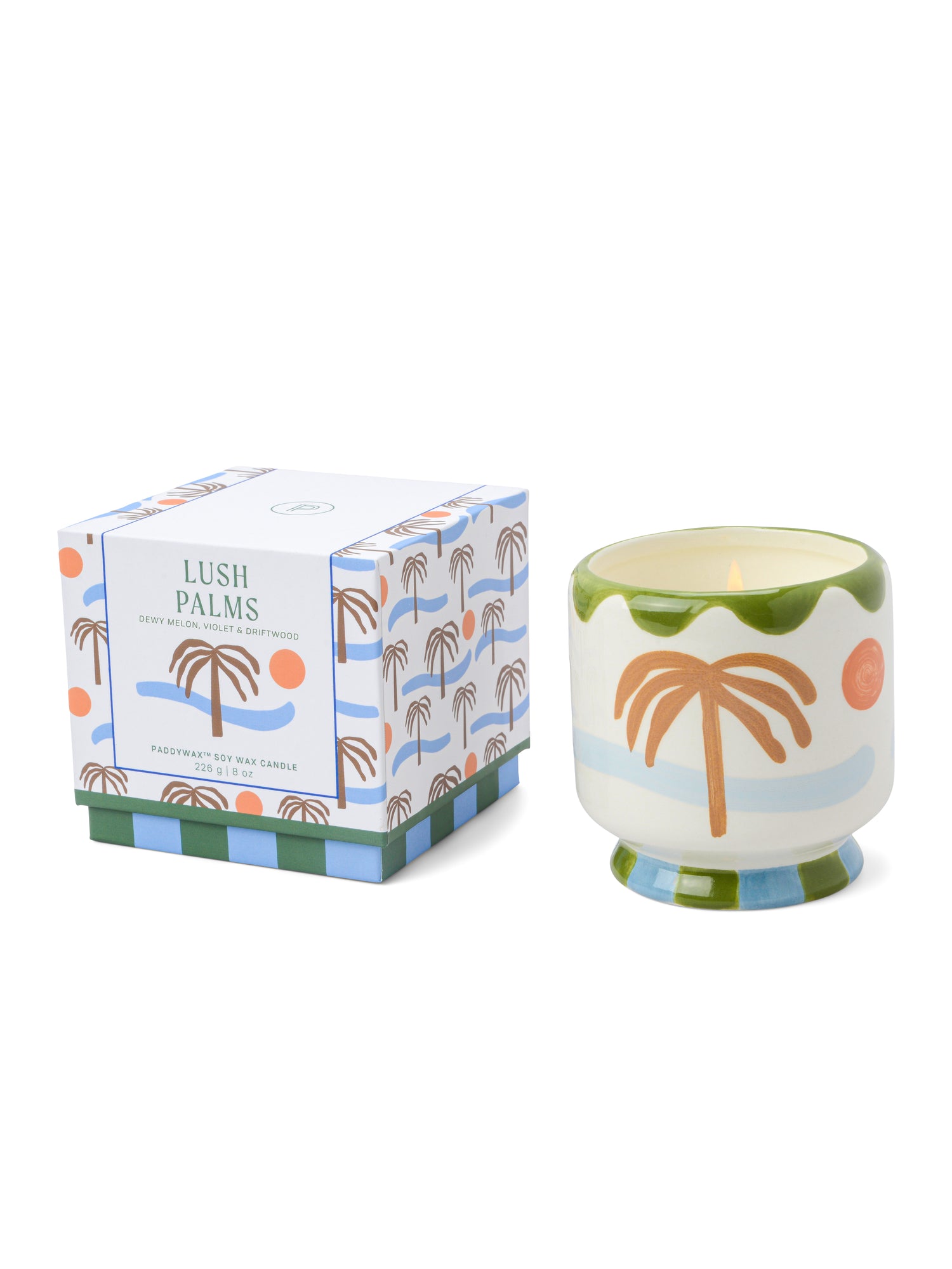 Adopo 8 oz Hand-Painted Palm Tree Ceramic Boxed Candle  - Melon, Violet &amp; Driftwood