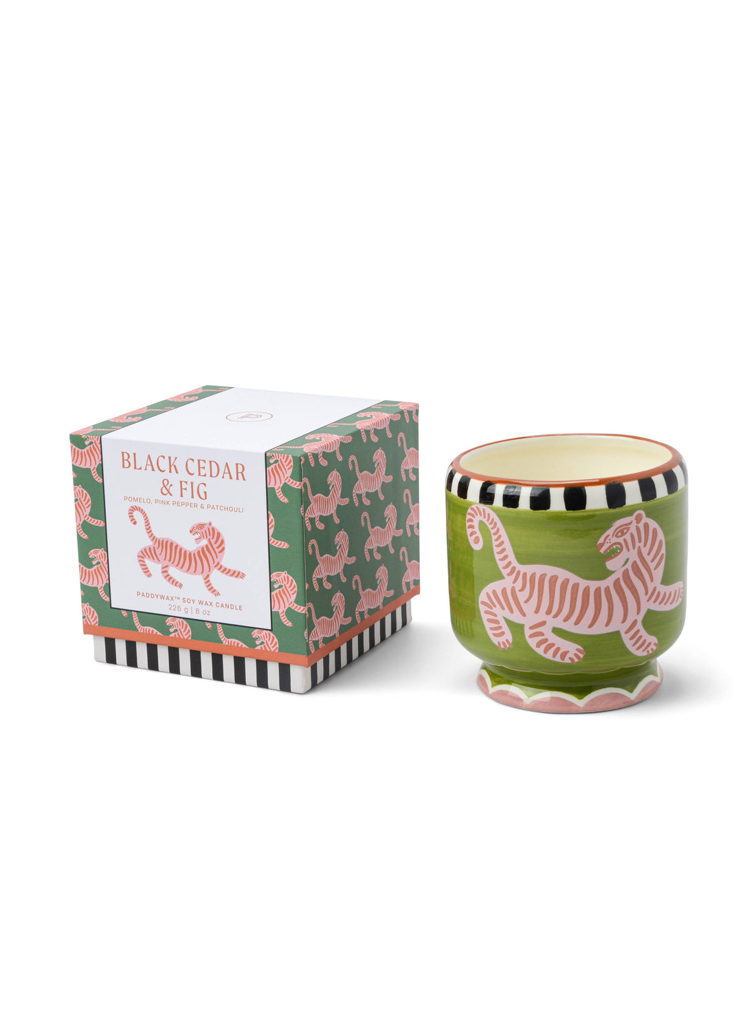 Adopo Hand-painted 8 oz Tiger Ceramic Boxed Candle - Black Cedar &amp; Fig