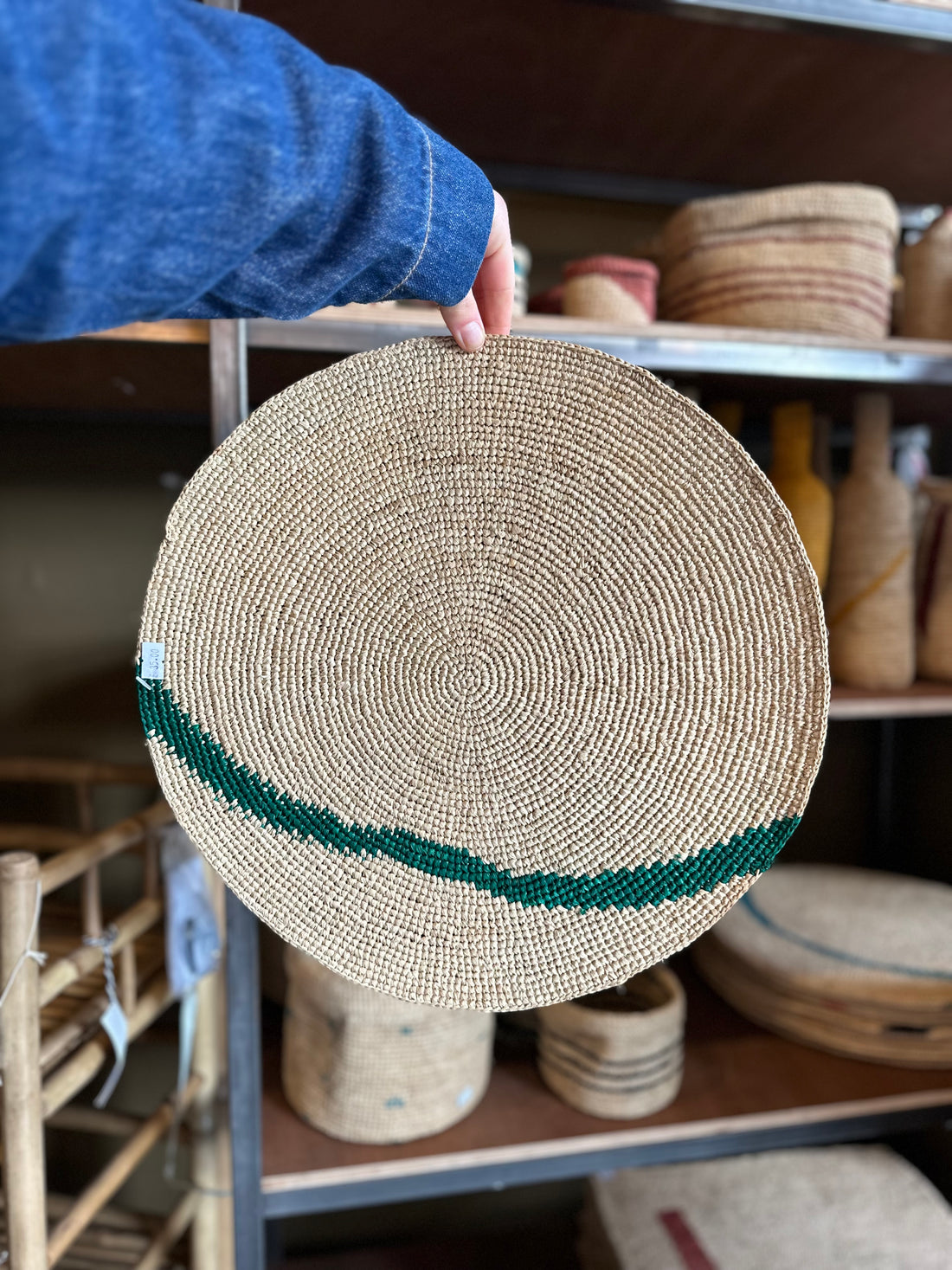 Round Handmade Placemat - Natural &amp; Green Arch - Set Of 2