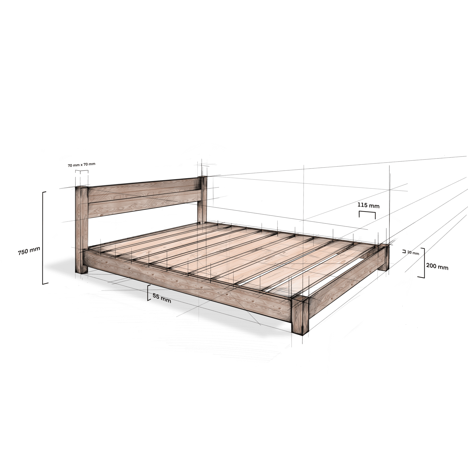 Model 04 – Handmade Low Wooden Bed - Colour &amp; Size Options Available