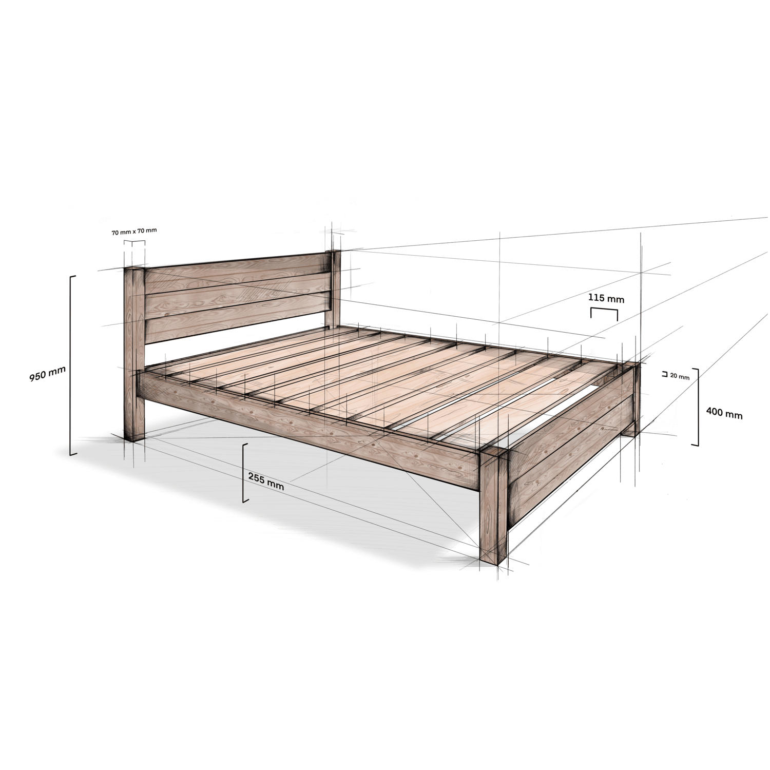 Model 03 – Handmade Wooden Standard Height Bed - Colour &amp; Size Options Available