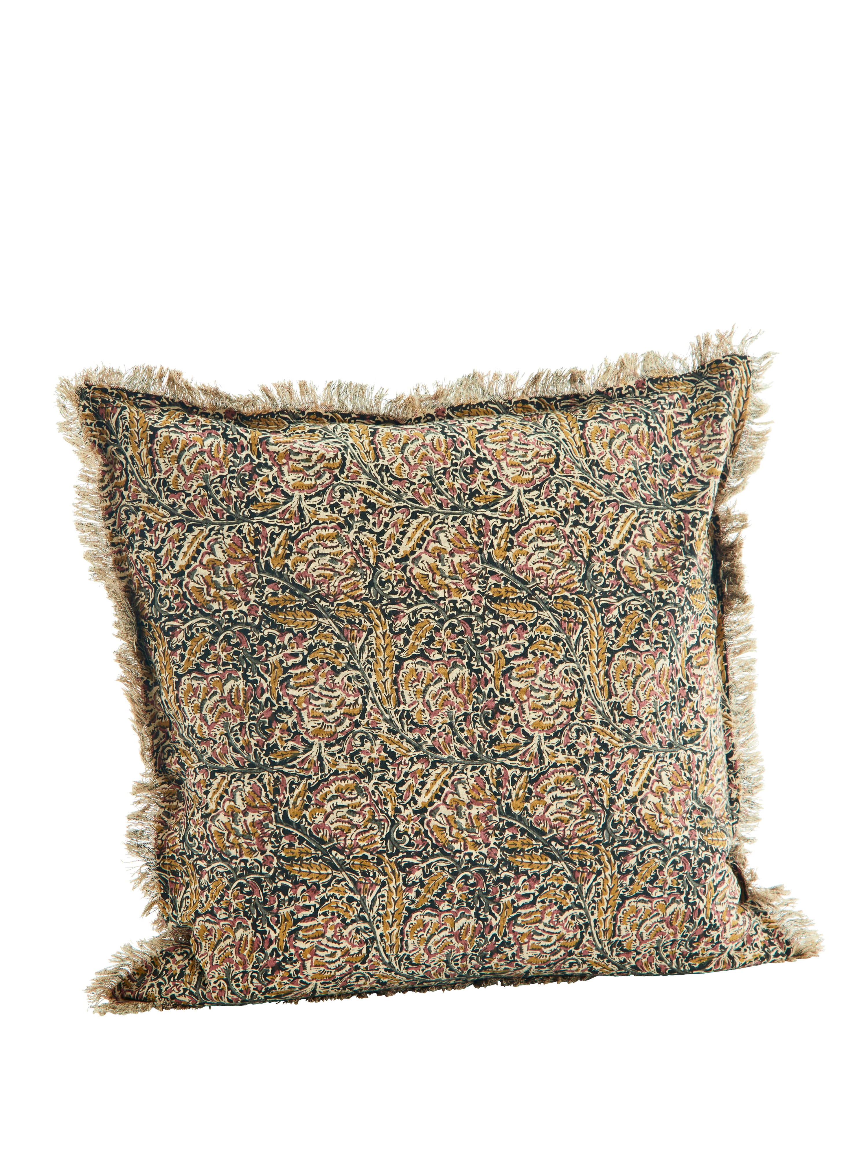 Black, Mustard, Raspberry &amp; Sand Printed Cushion with Fringe