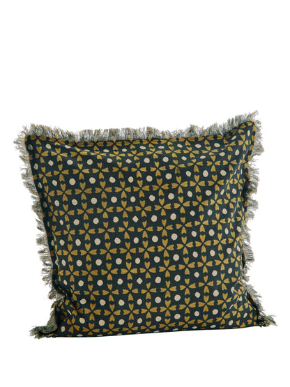 Black, Mustard &amp; Sand Printed Cushion with Fringe