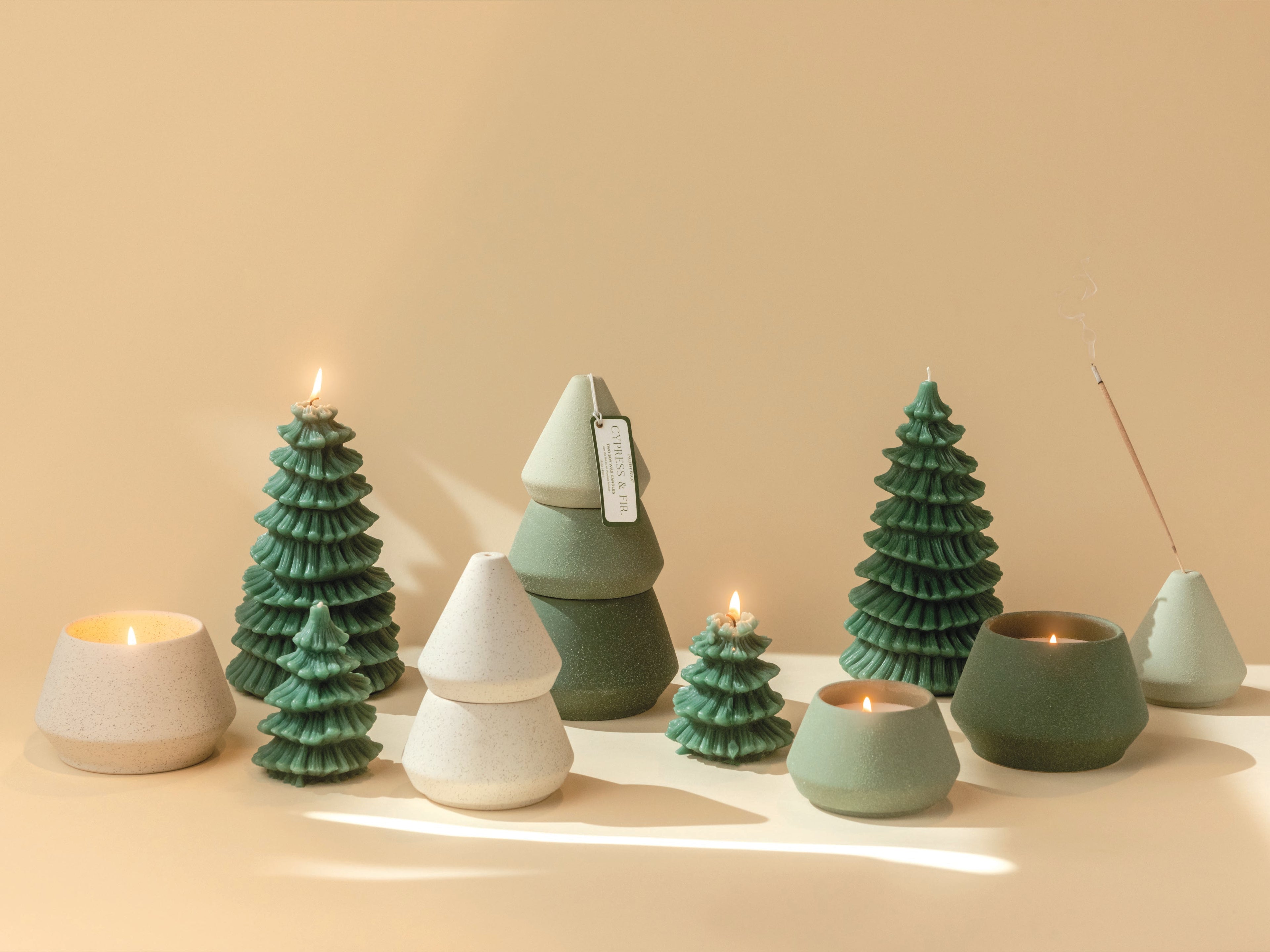 Cypress &amp; Fir - Small White Tree Stack - Candle &amp; Incense Holder