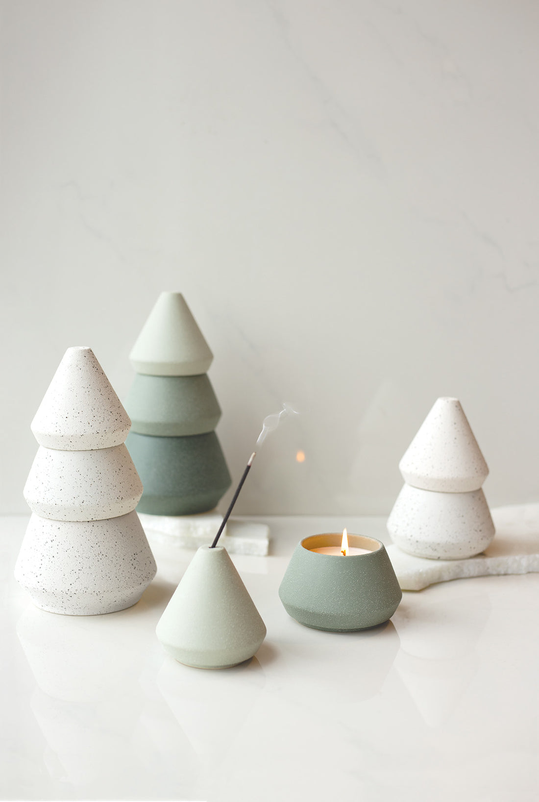 Cypress &amp; Fir - Small White Tree Stack - Candle &amp; Incense Holder