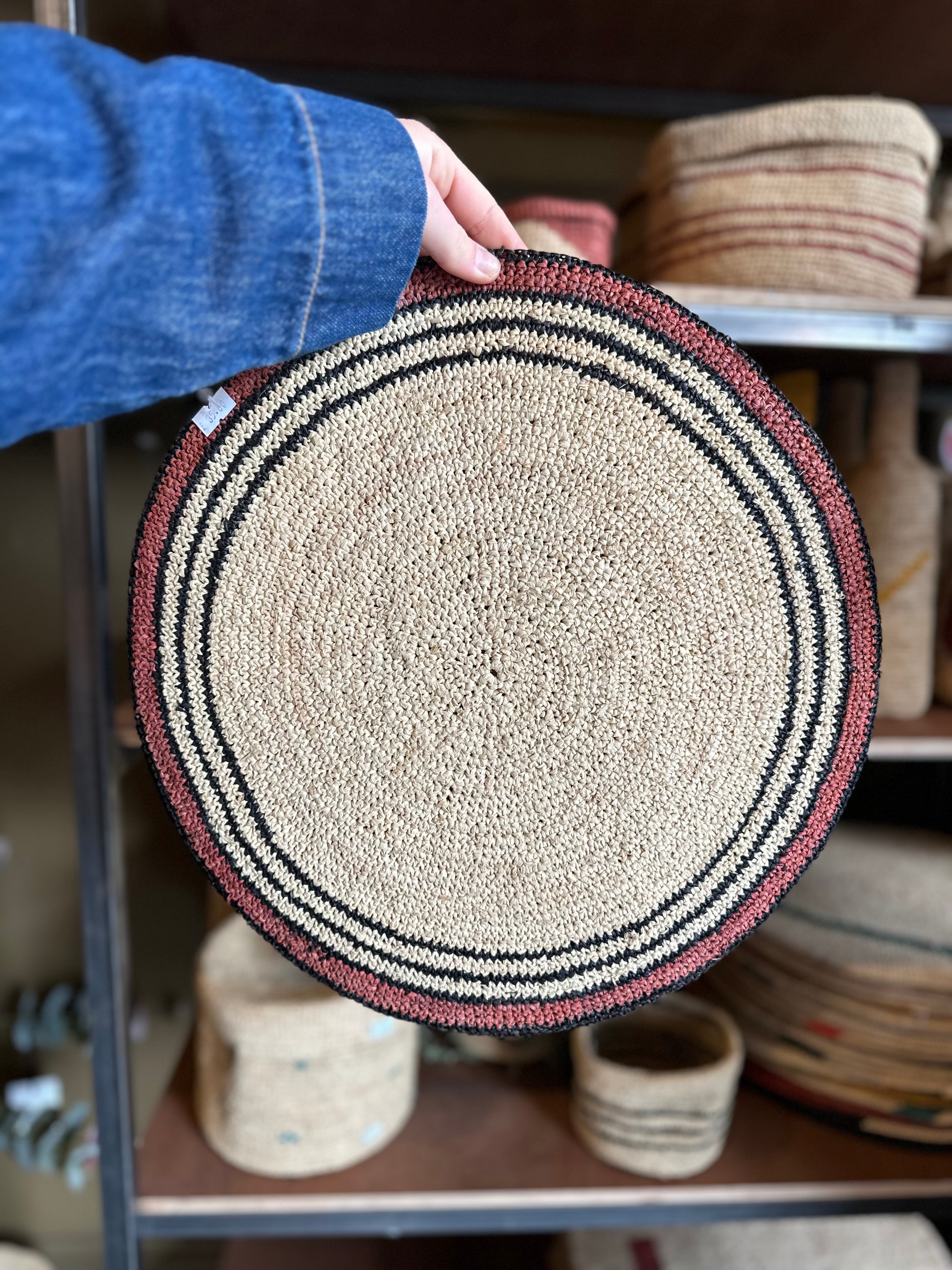 Round Handmade Placemat - Natural &amp; Terracotta Circles - Set Of 2