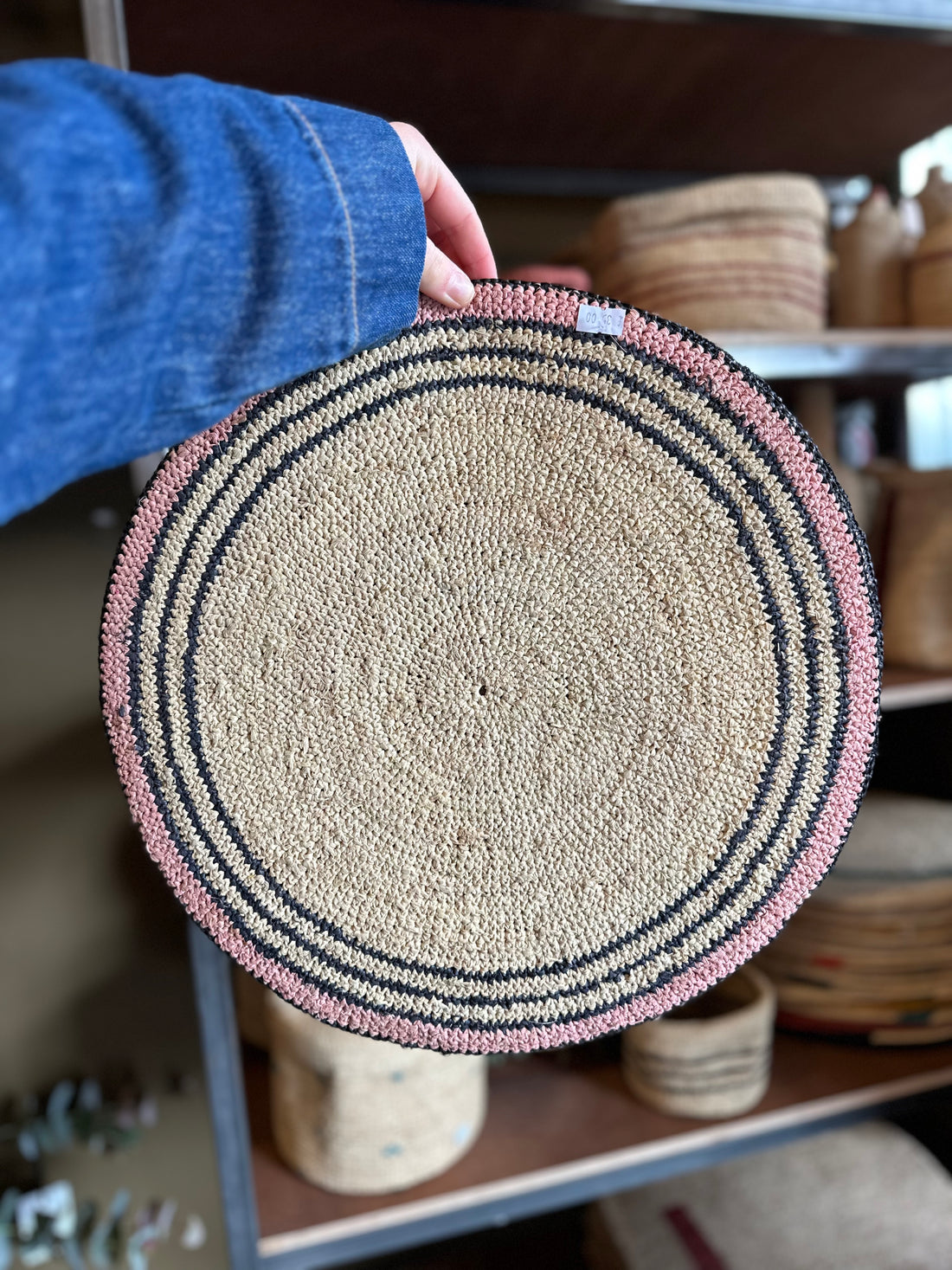 Round Handmade Placemat - Natural &amp; Pink Circles - Set Of 2